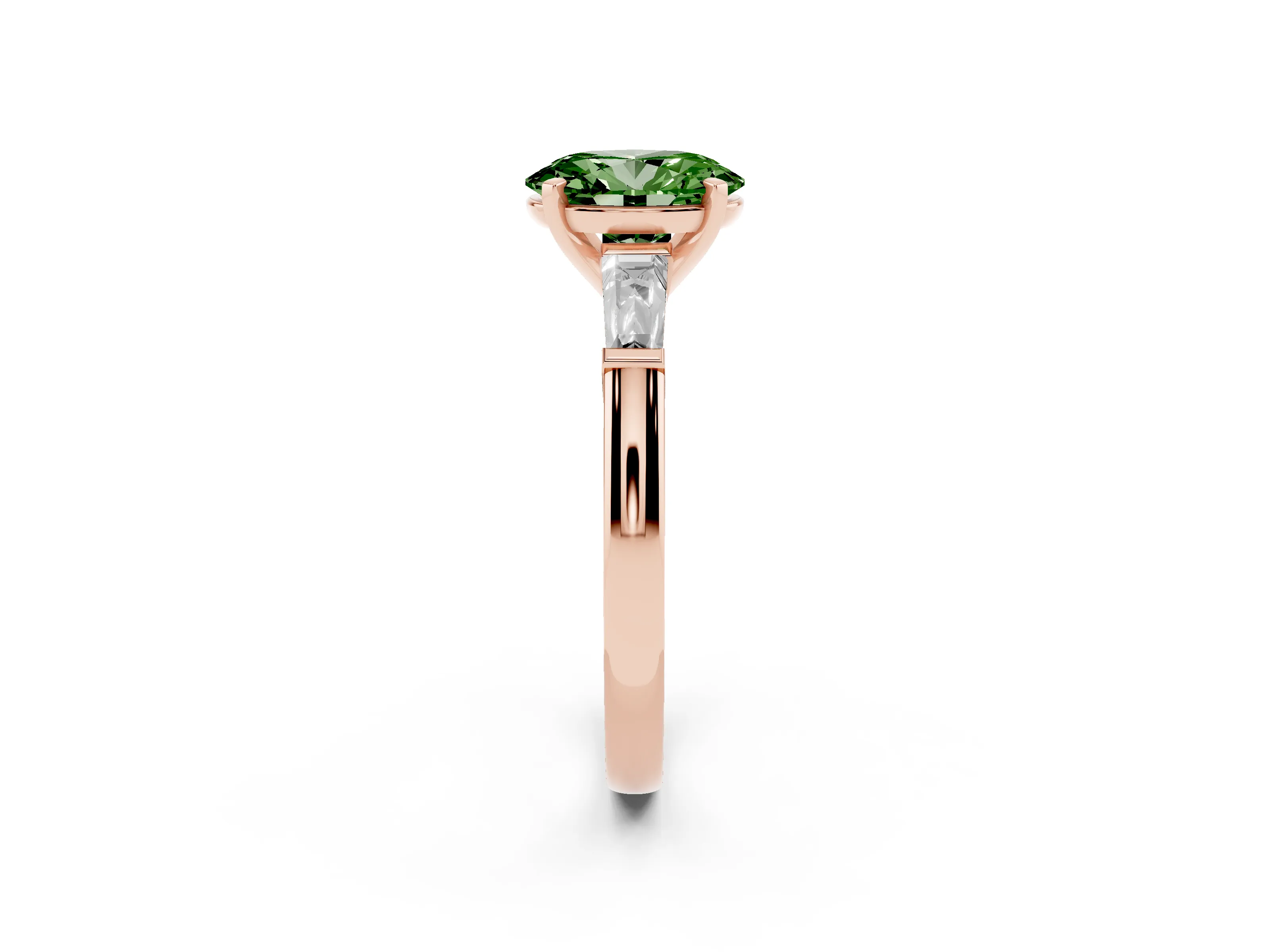 Fancy Green Oval Cut Diamond Solitaire Ring Set in Rose gold with Tapered Baguette Side Stones and Prong Setting