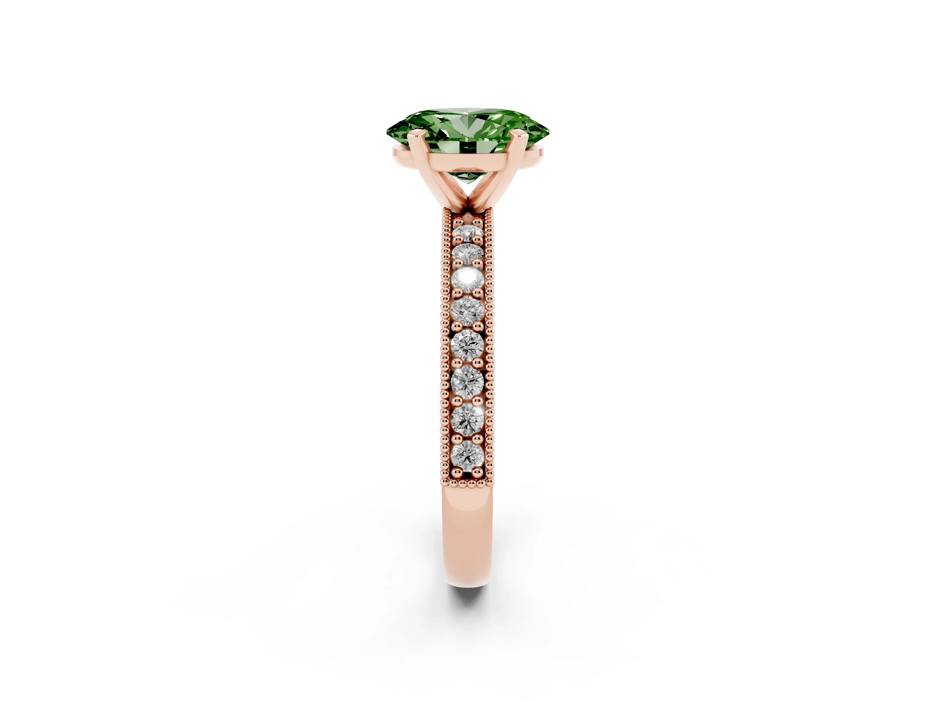 Fancy Green Oval Cut Diamond Milgrain Pavé Engagement Ring Set in Rose gold with Prong Setting
