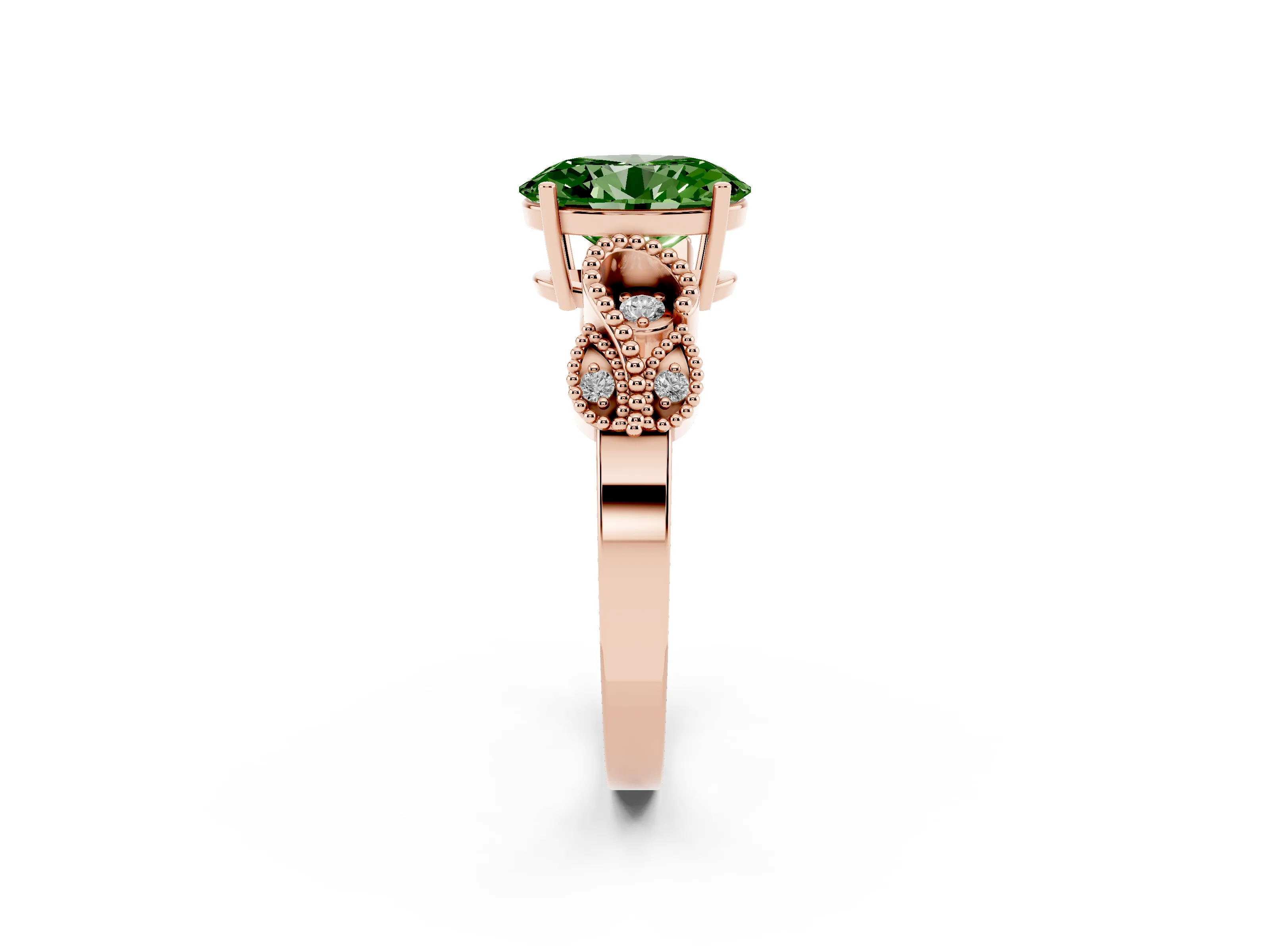 Fancy Green Oval Cut Diamond Milgrain Leaf Band Solitaire Ring Set in Rose gold with Accent Stones and Prong Setting