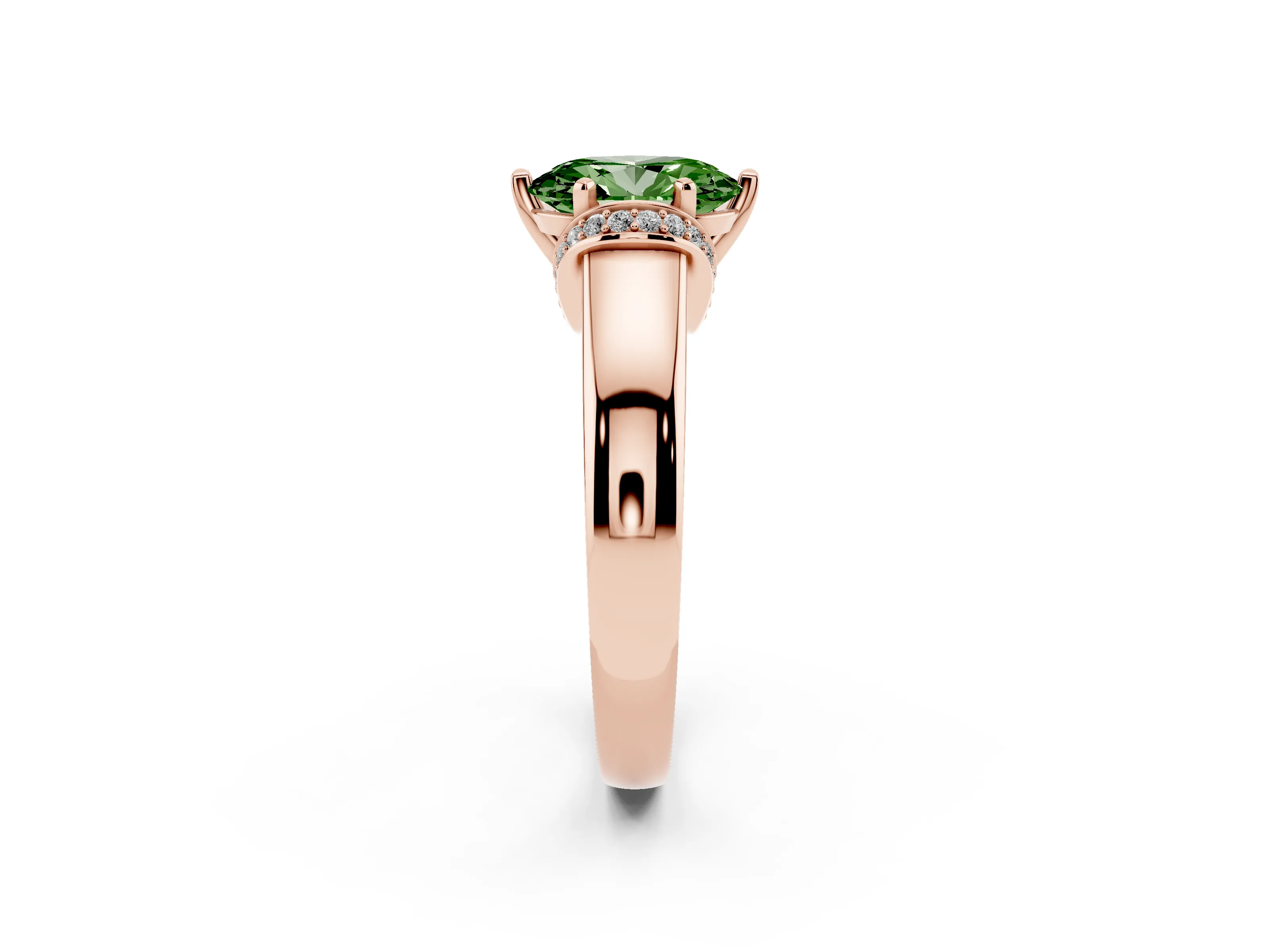 Fancy Green Oval Cut Diamond Pavé Band Solitaire Ring Set in Rose gold with Prong Setting