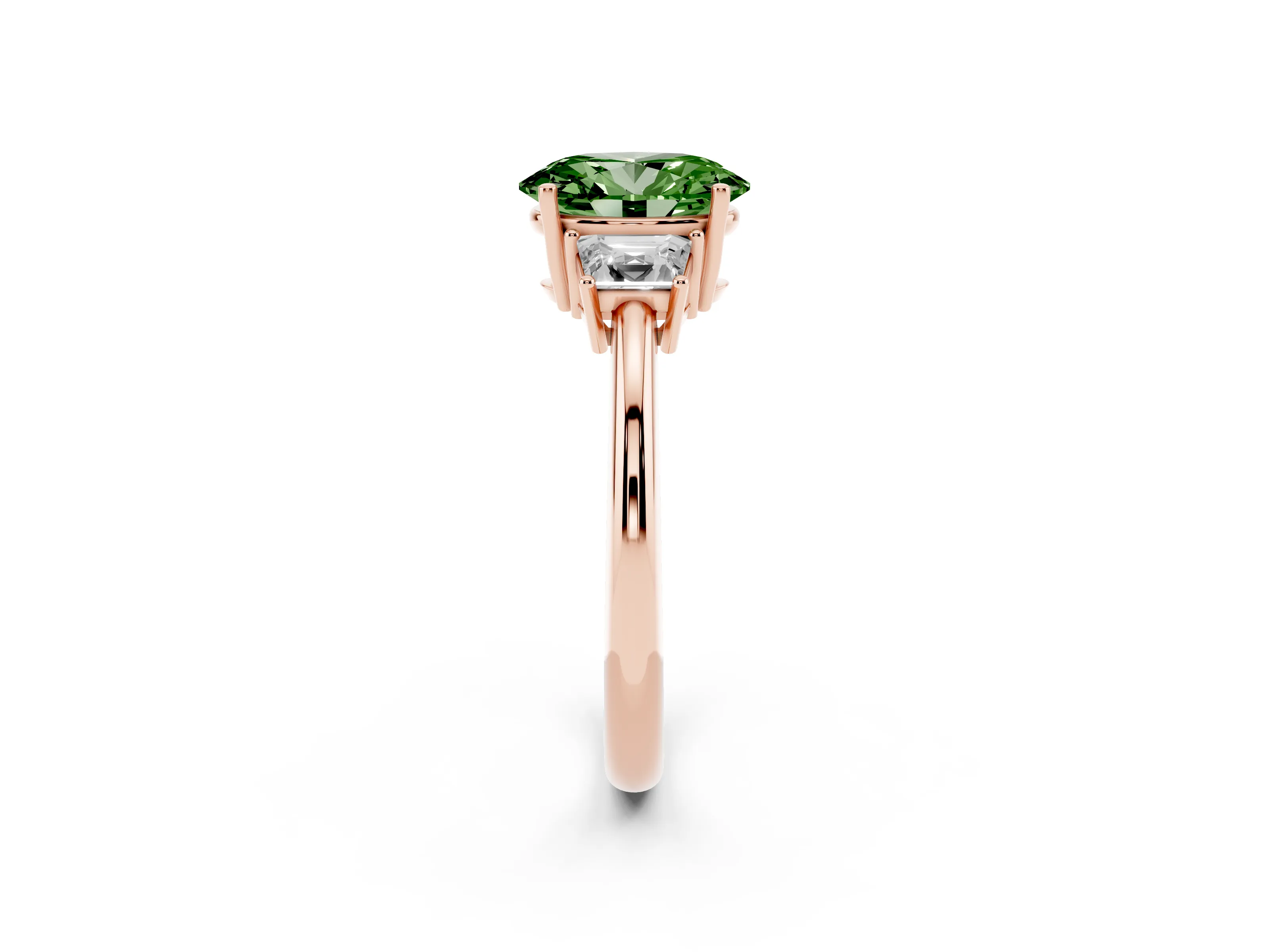 Fancy Green Oval Cut Diamond Three-Stone Ring Set in Rose gold with Trapezoid Side Stones and Prong Setting