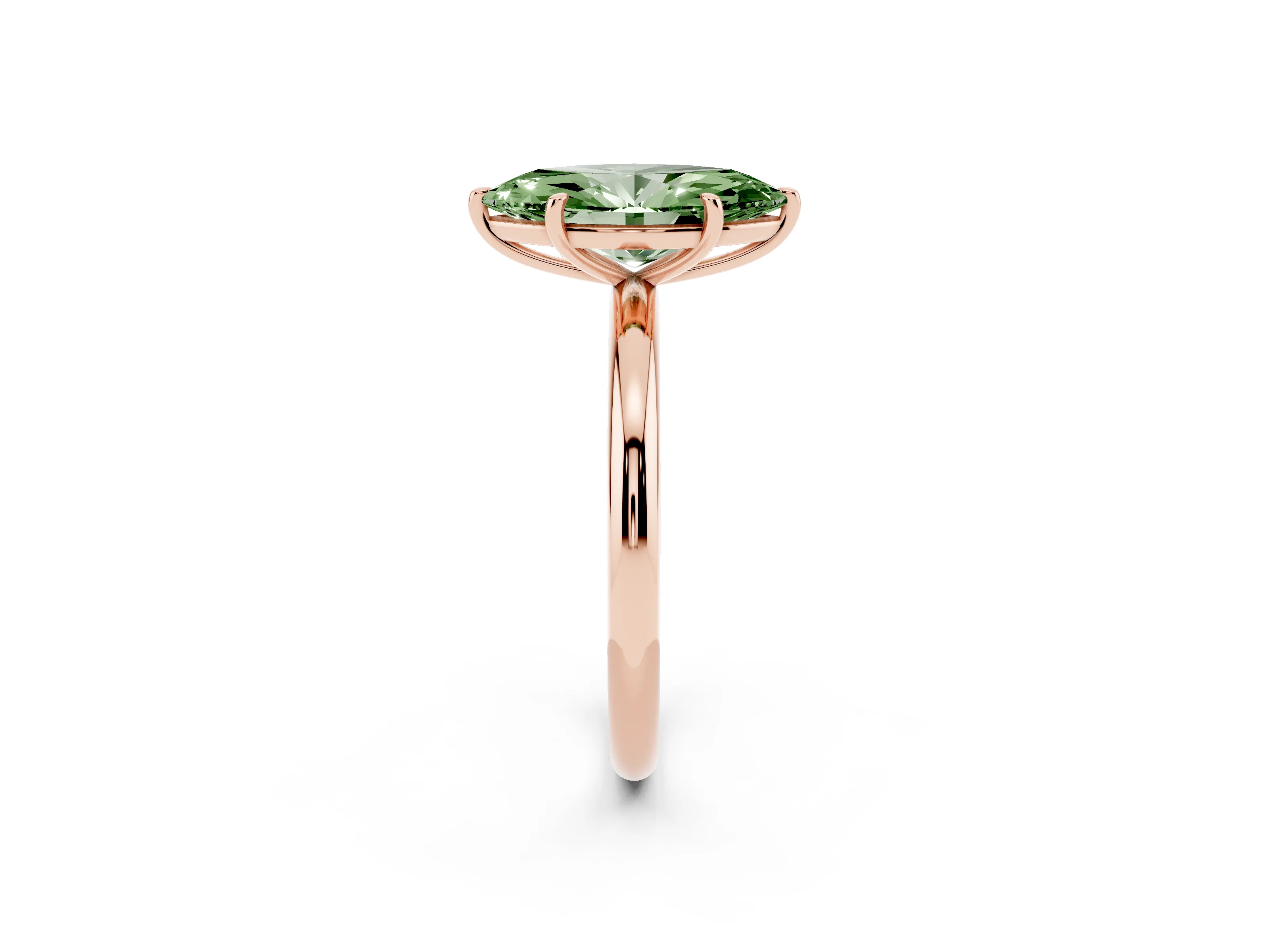 Fancy Green Oval Cut Diamond Solitaire Ring Set in Rose gold with Prong Setting on a Polished Plain Band