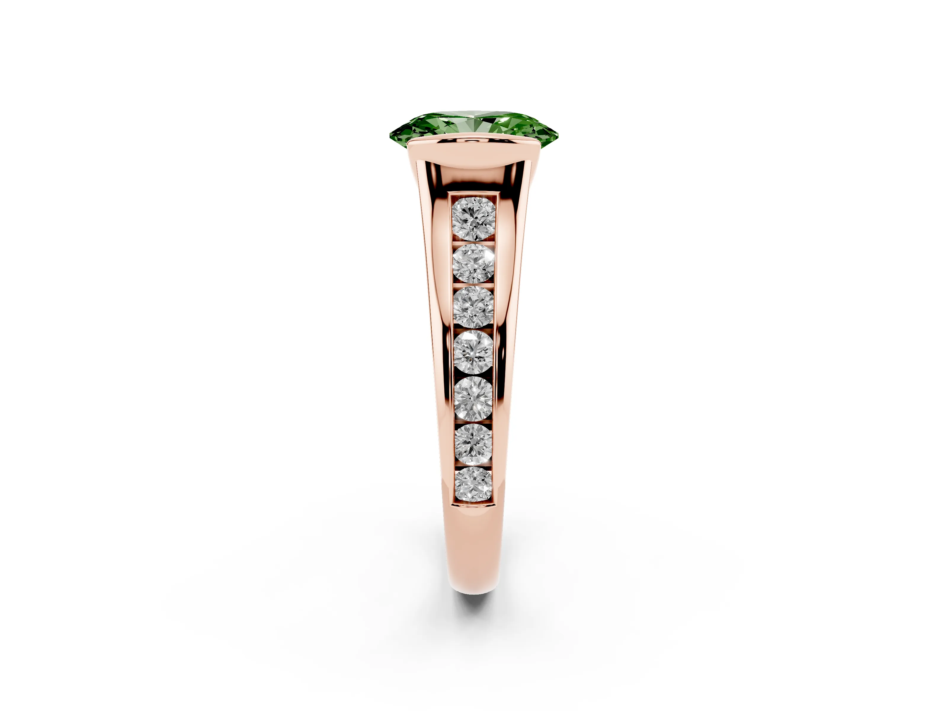 Fancy Green Oval Cut Diamond Bezel-Set Solitaire Ring Set in Rose gold with Channel-Set Band