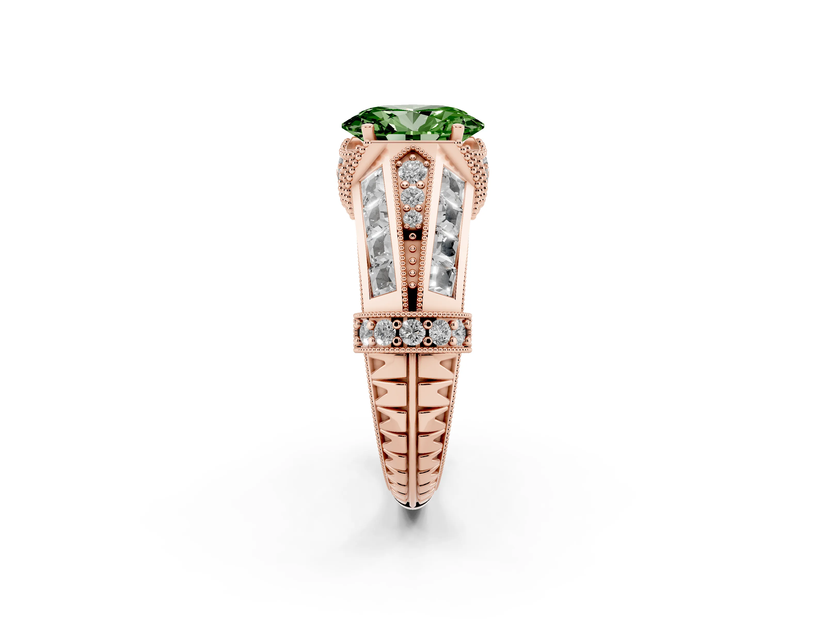 Fancy Green Oval Cut Diamond Vintage-Inspired Milgrain Ring Set in Rose gold with Accent Split Shank