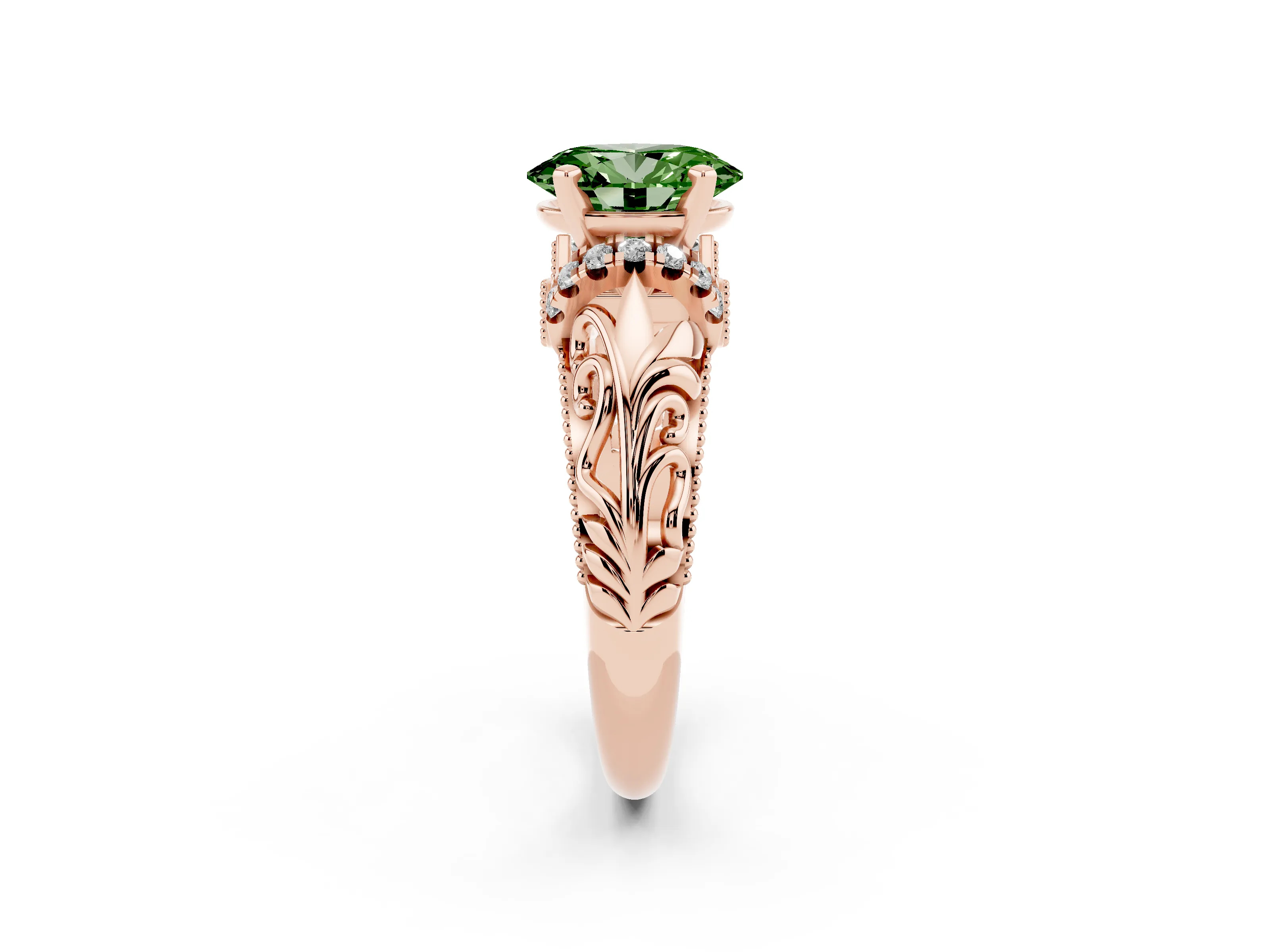 Fancy Green Oval Cut Diamond Filigree Halo Engagement Ring Set in Rose gold with Prong Setting