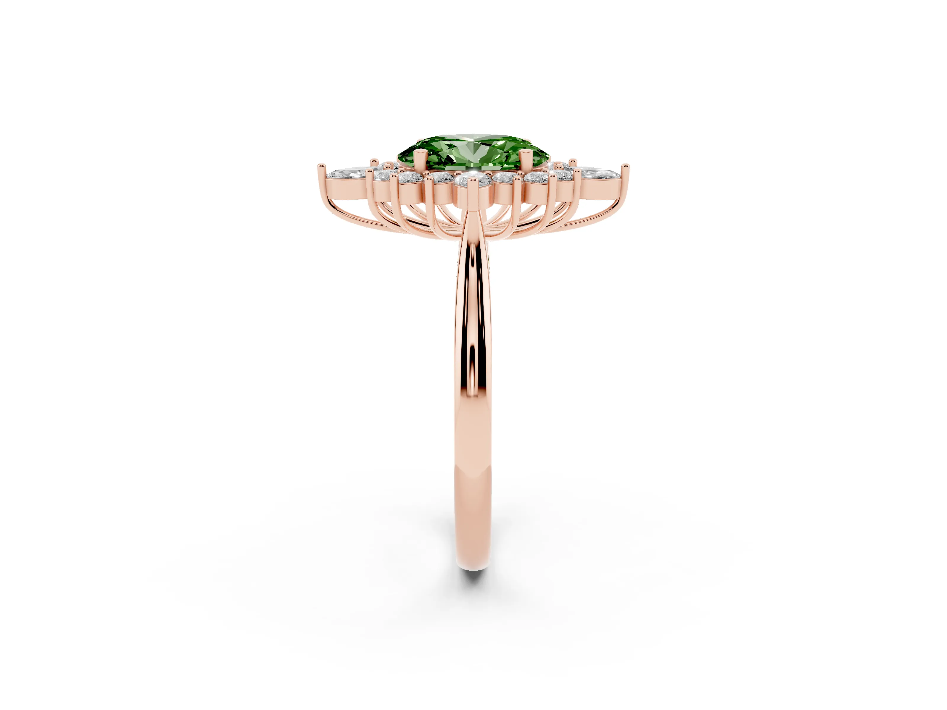 Fancy Green Oval Cut Diamond Cluster Halo Ring Set in Rose gold with Marquise and Round Accents
