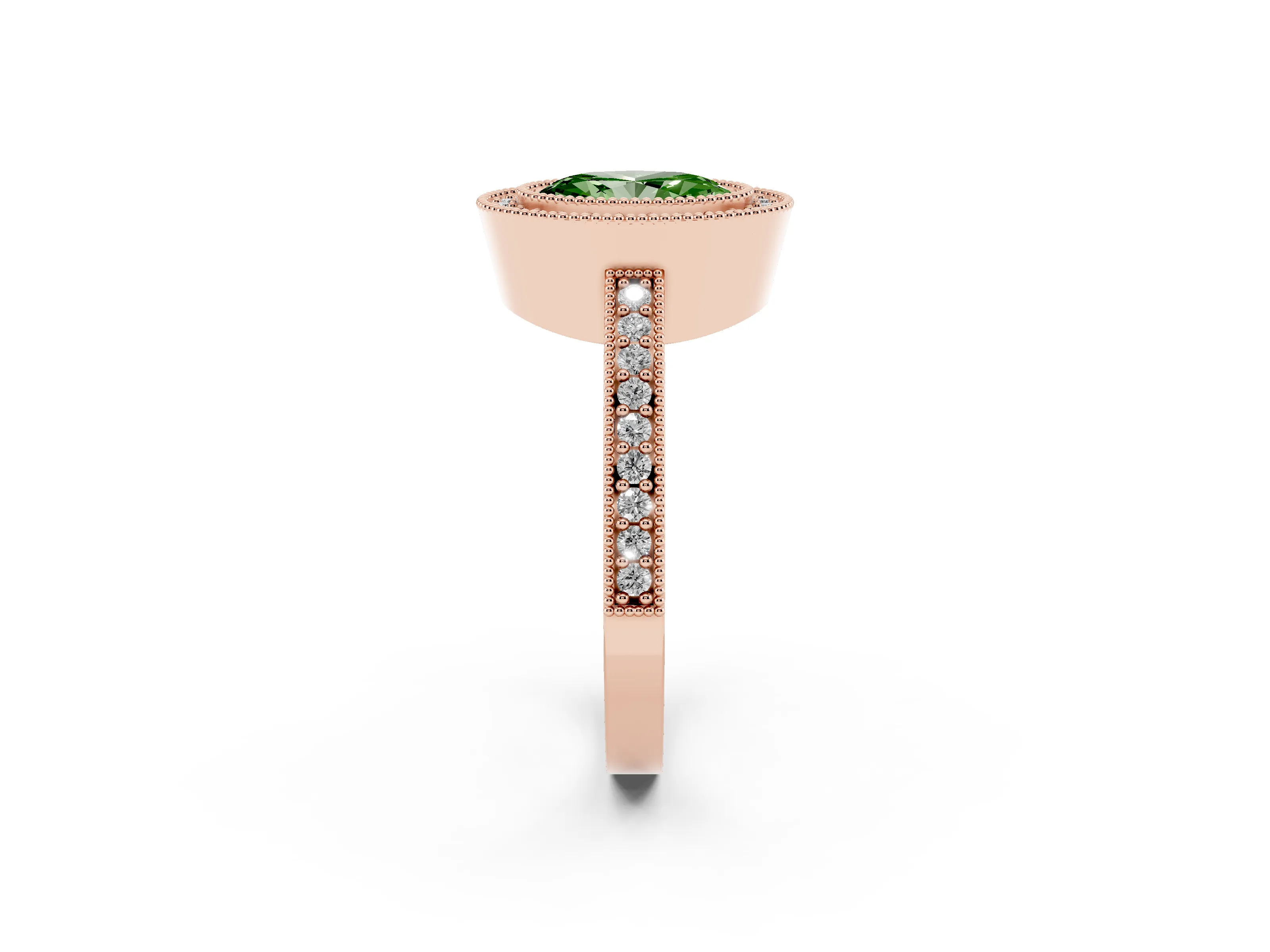 Fancy Green Oval Cut Diamond Halo Engagement Ring Set in Rose gold with Pavé Band and Round Halo Stones
