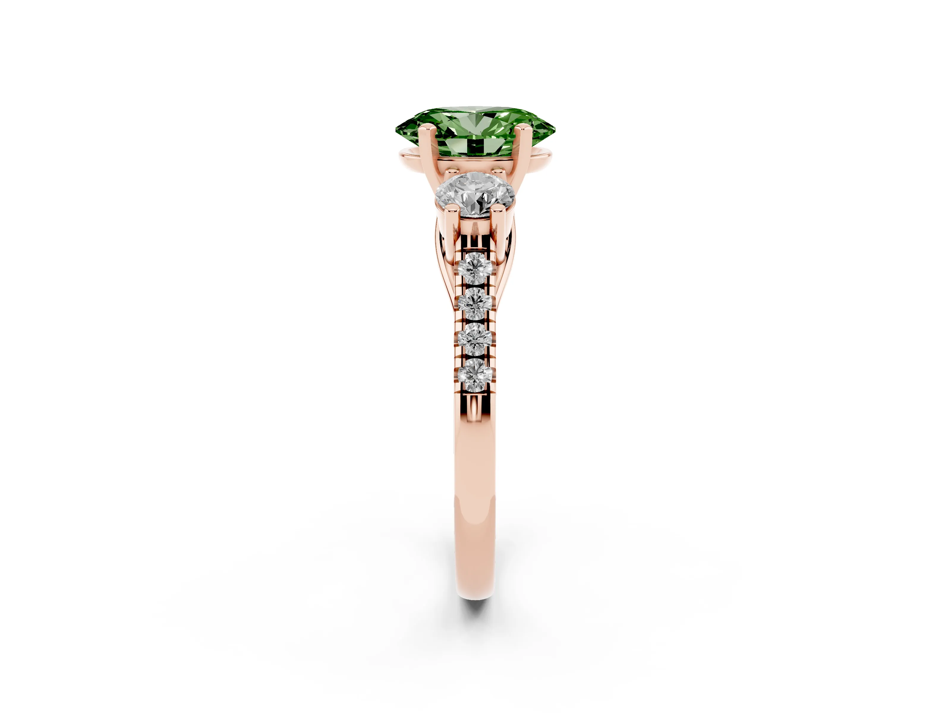 Fancy Green Three-Stone Oval Cut Diamond Pavé Band Ring Set in Rose gold with Prong-Set Trio