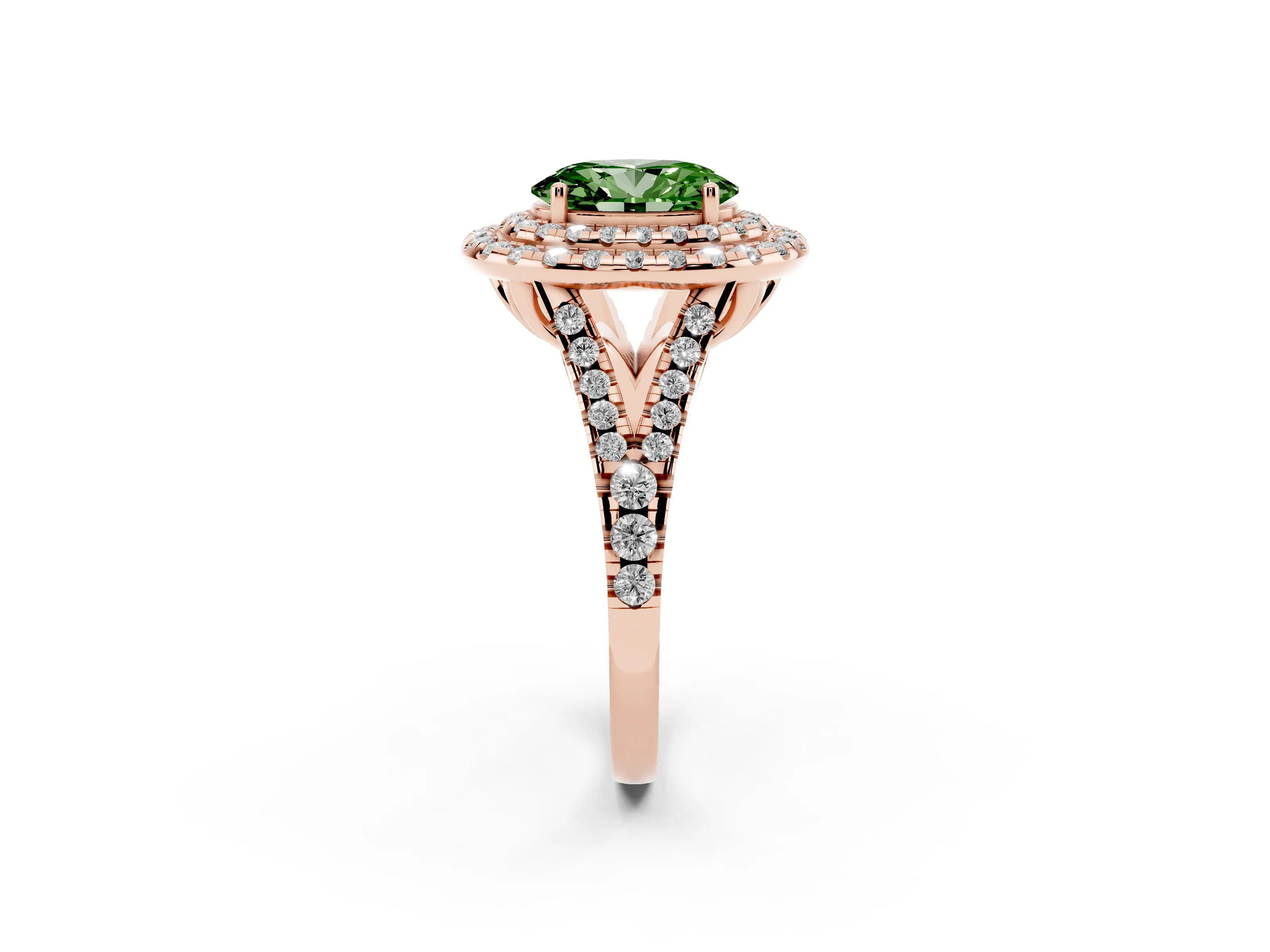 Fancy Green Oval Cut Diamond Double Halo Ring Set in Rose gold with Pavé Split Shank and Prong Setting