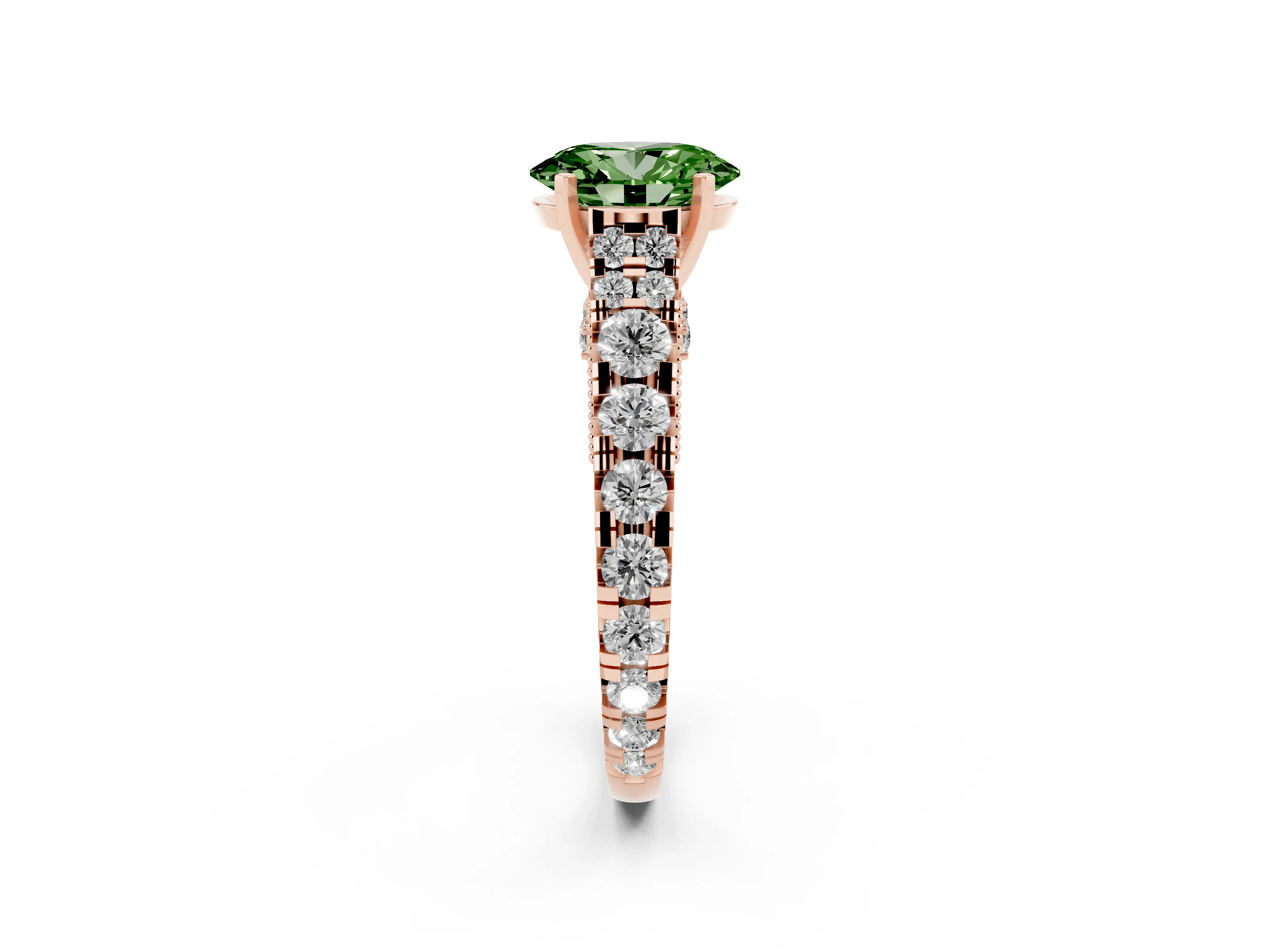 Fancy Green Oval Cut Diamond Classic Solitaire Ring Set in Rose gold with Pavé Band and Prong Setting