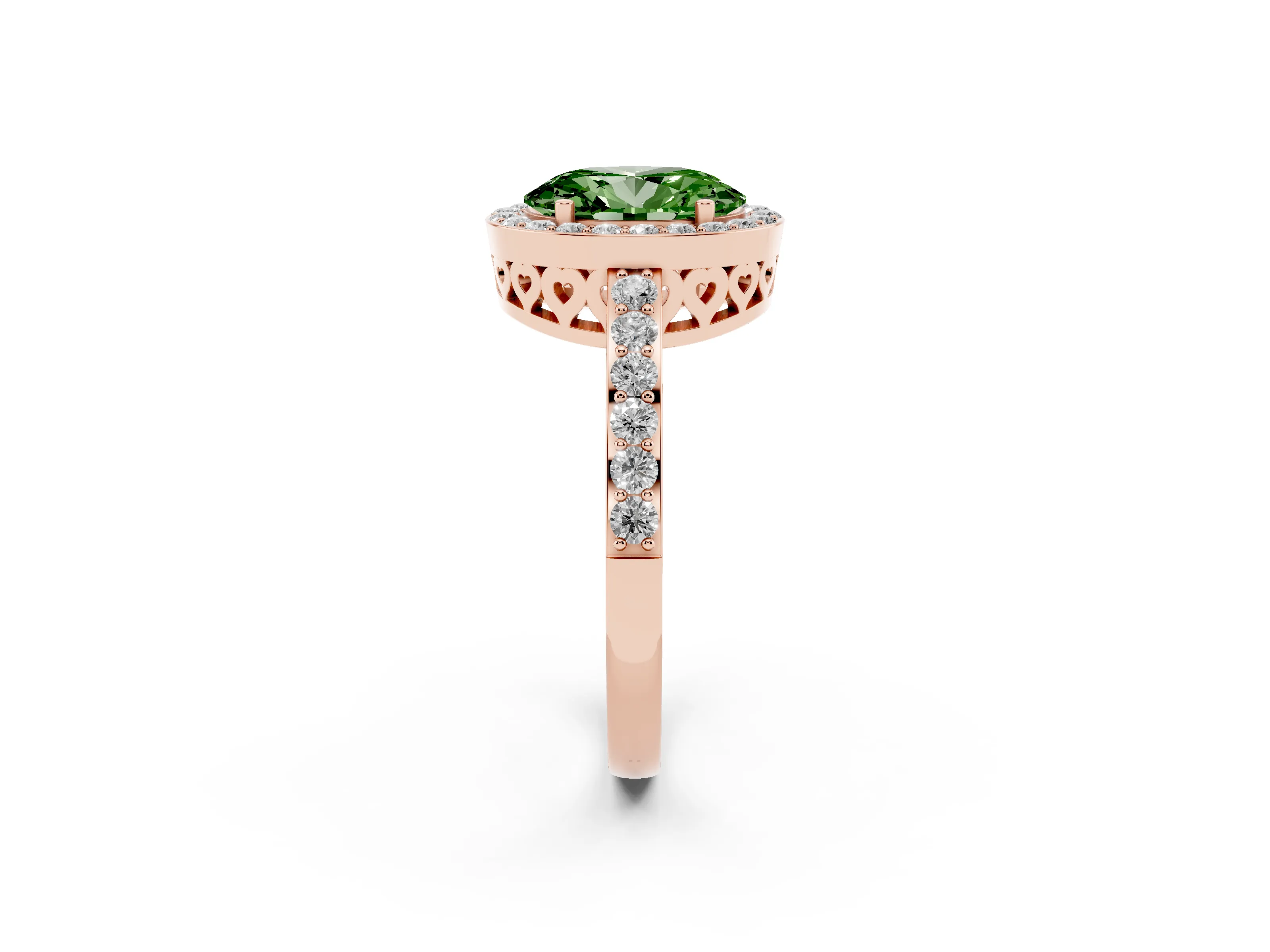Fancy Green Oval Cut Diamond Halo Ring Set in Rose gold with Pavé-Setting Band and Open Prong Center
