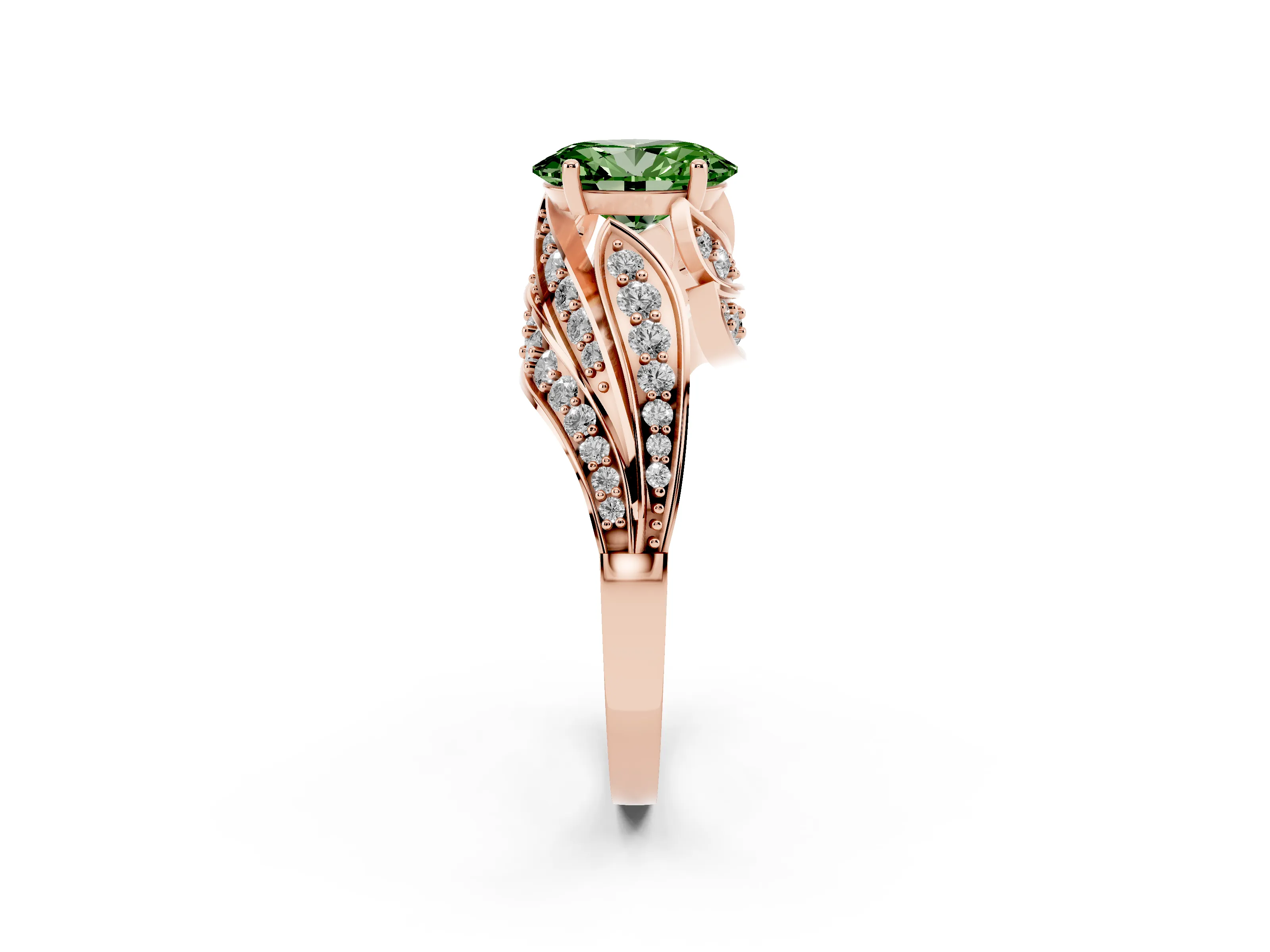 Fancy Green Oval Cut Diamond Solitaire Ring Set in Rose gold with Layered Twist Pavé Band