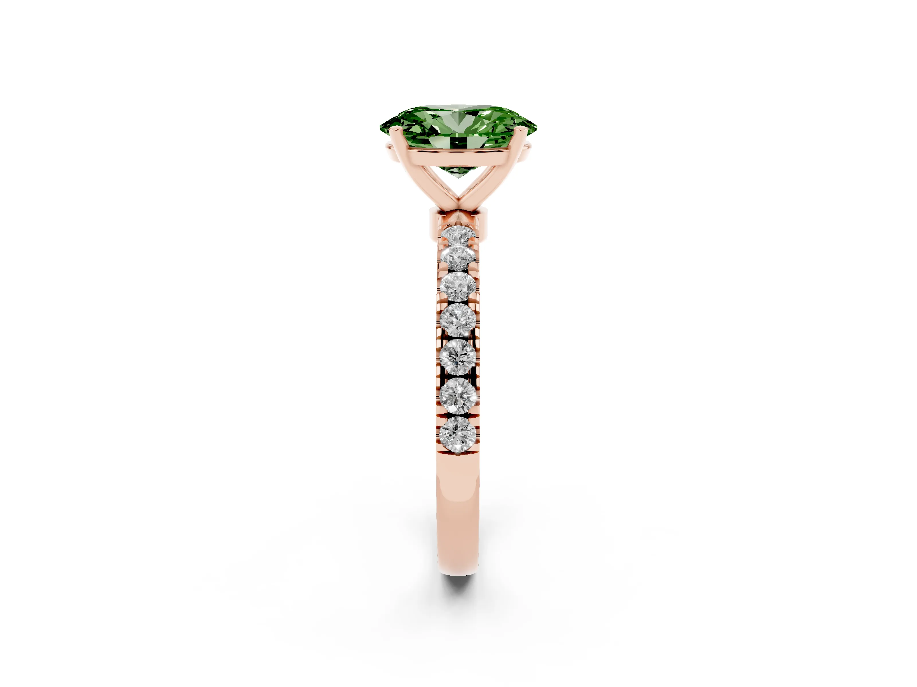 Fancy Green Oval Cut Diamond Solitaire Ring Set in Rose gold with Pavé Accents and Prong Setting