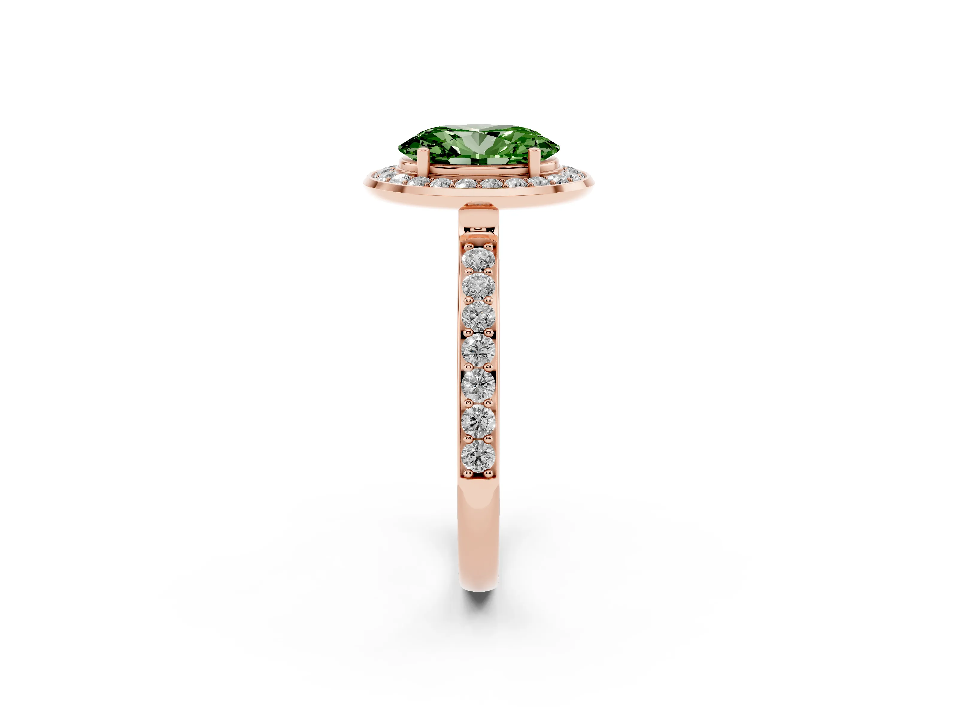 Fancy Green Oval Cut Diamond Halo Ring Set in Rose gold with Bezel Frame and Pavé Band