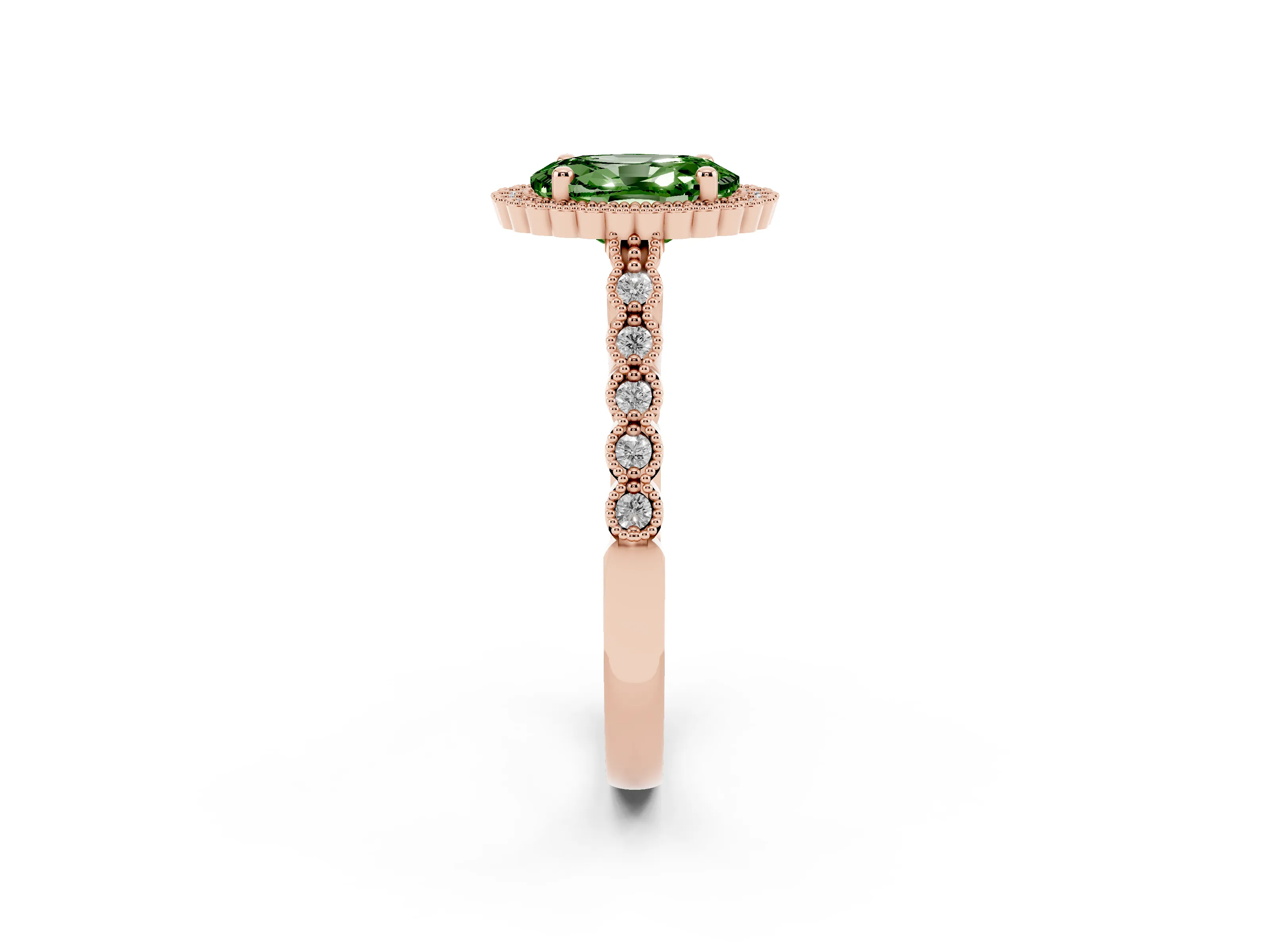 Fancy Green Oval Cut Diamond Halo Ring Set in Rose gold with Pavé Milgrain Band