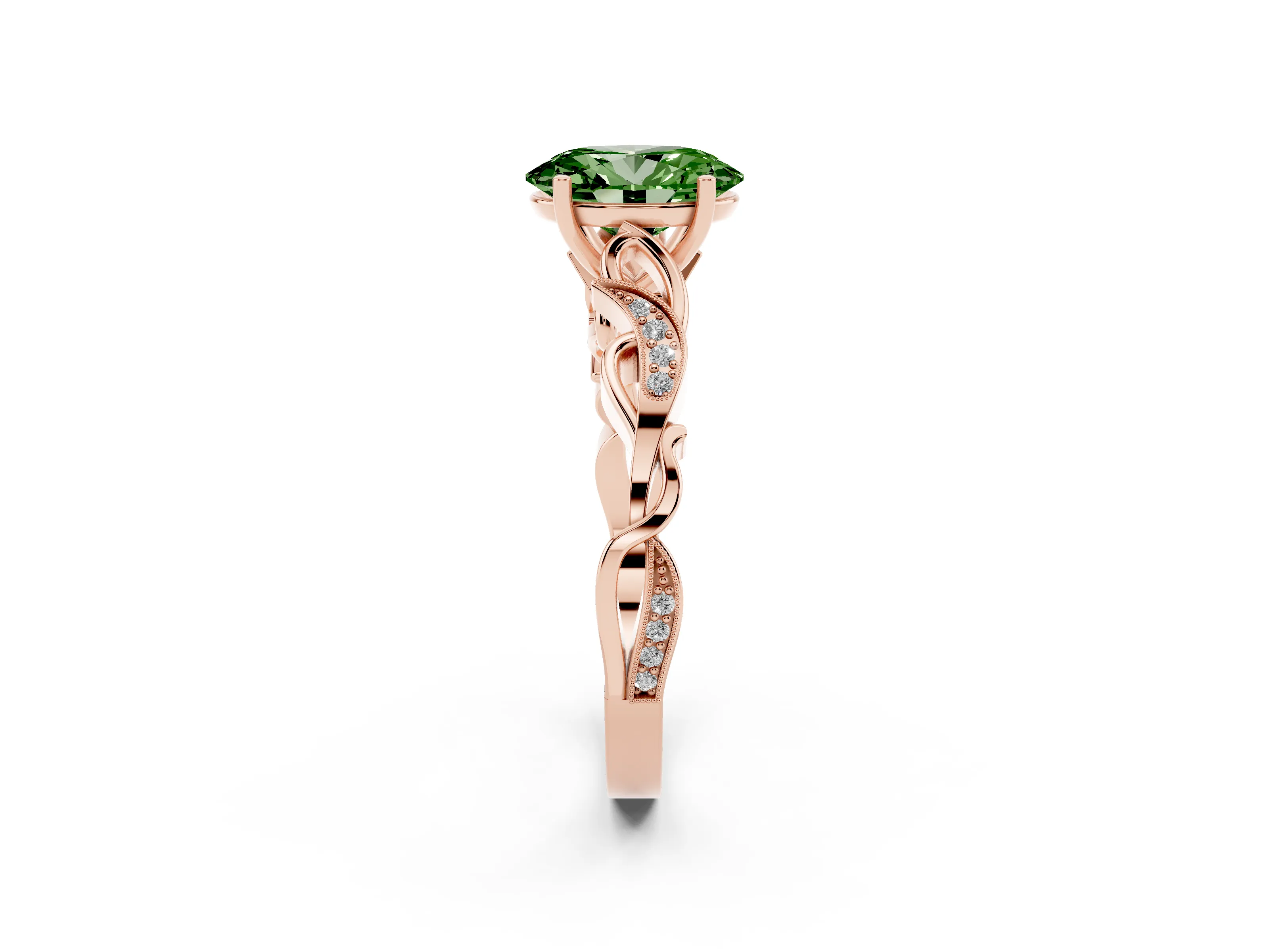 Fancy Green Oval Cut Diamond Vine Band Solitaire Ring Set in Rose gold with Milgrain Prong Setting