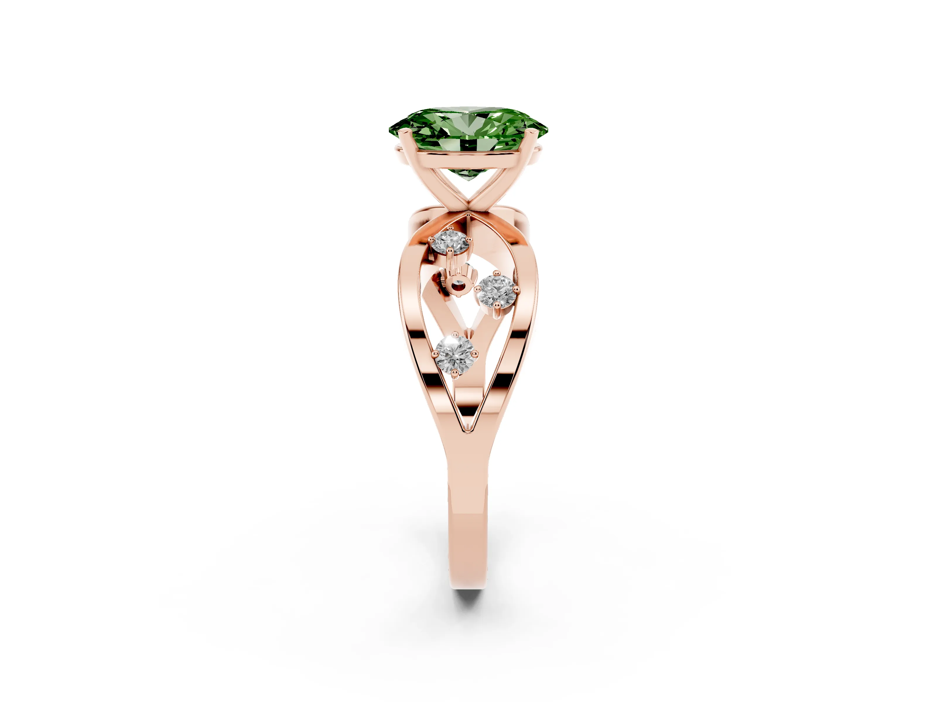 Fancy Green Oval Cut Diamond Solitaire Ring Set in Rose gold with Side Stones on Criss-Cross Band and Prong Setting