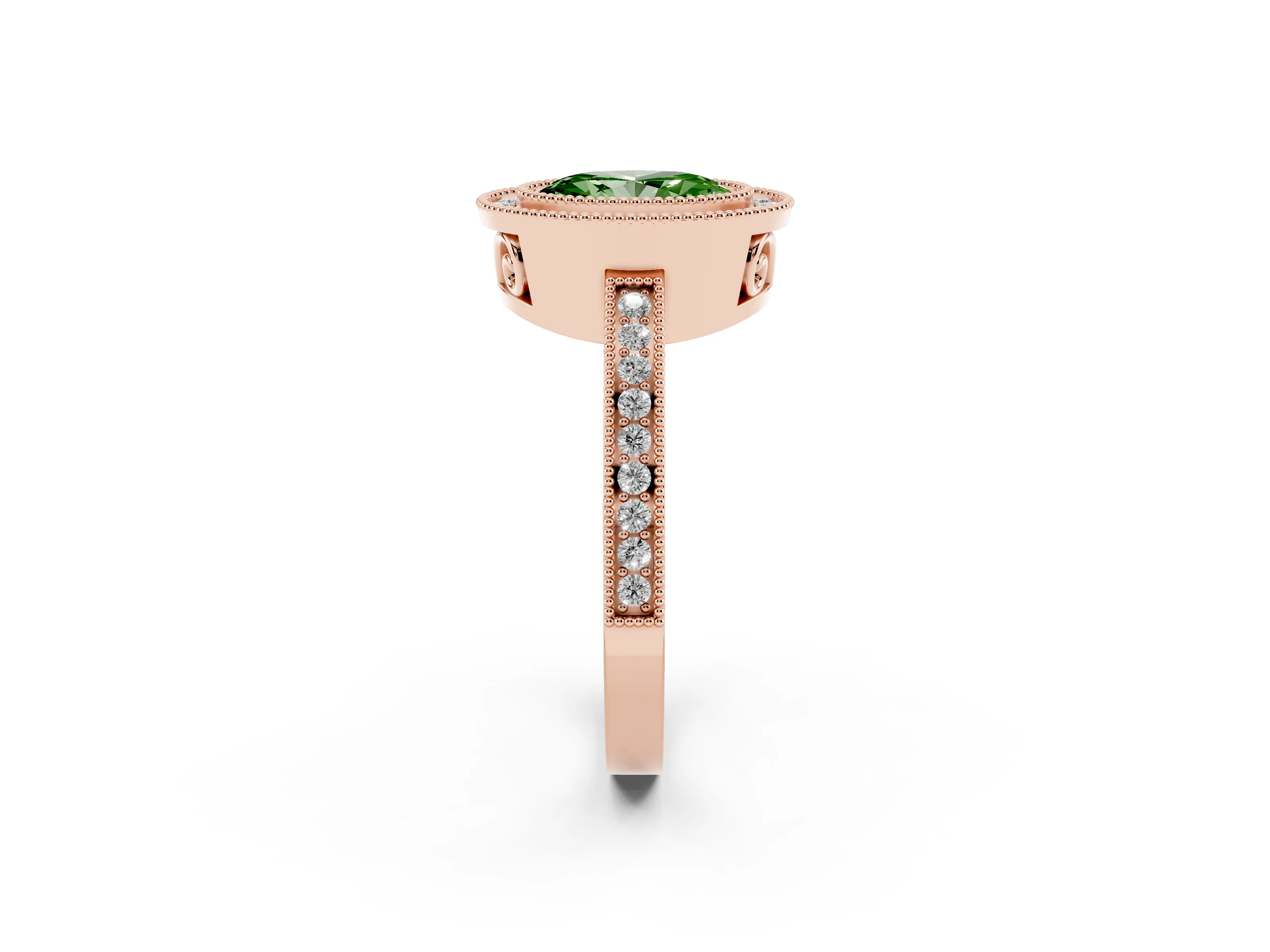 Fancy Green Oval Cut Diamond Halo Ring Set in Rose gold with Pavé Band and Milgrain-Edged Prongs