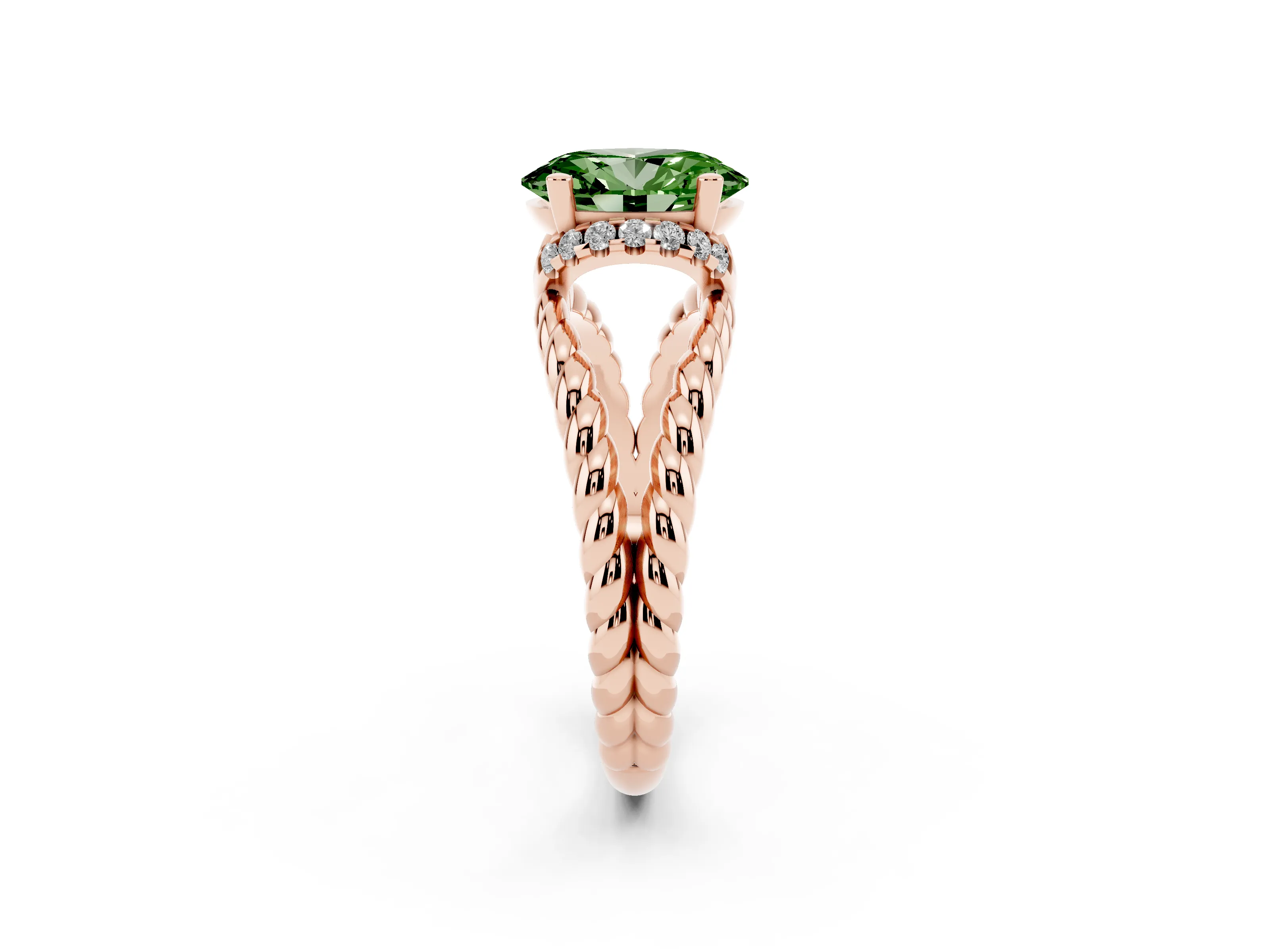 Fancy Green Oval Cut Diamond Halo Ring Set in Rose gold with Twisted Band and Prong Setting