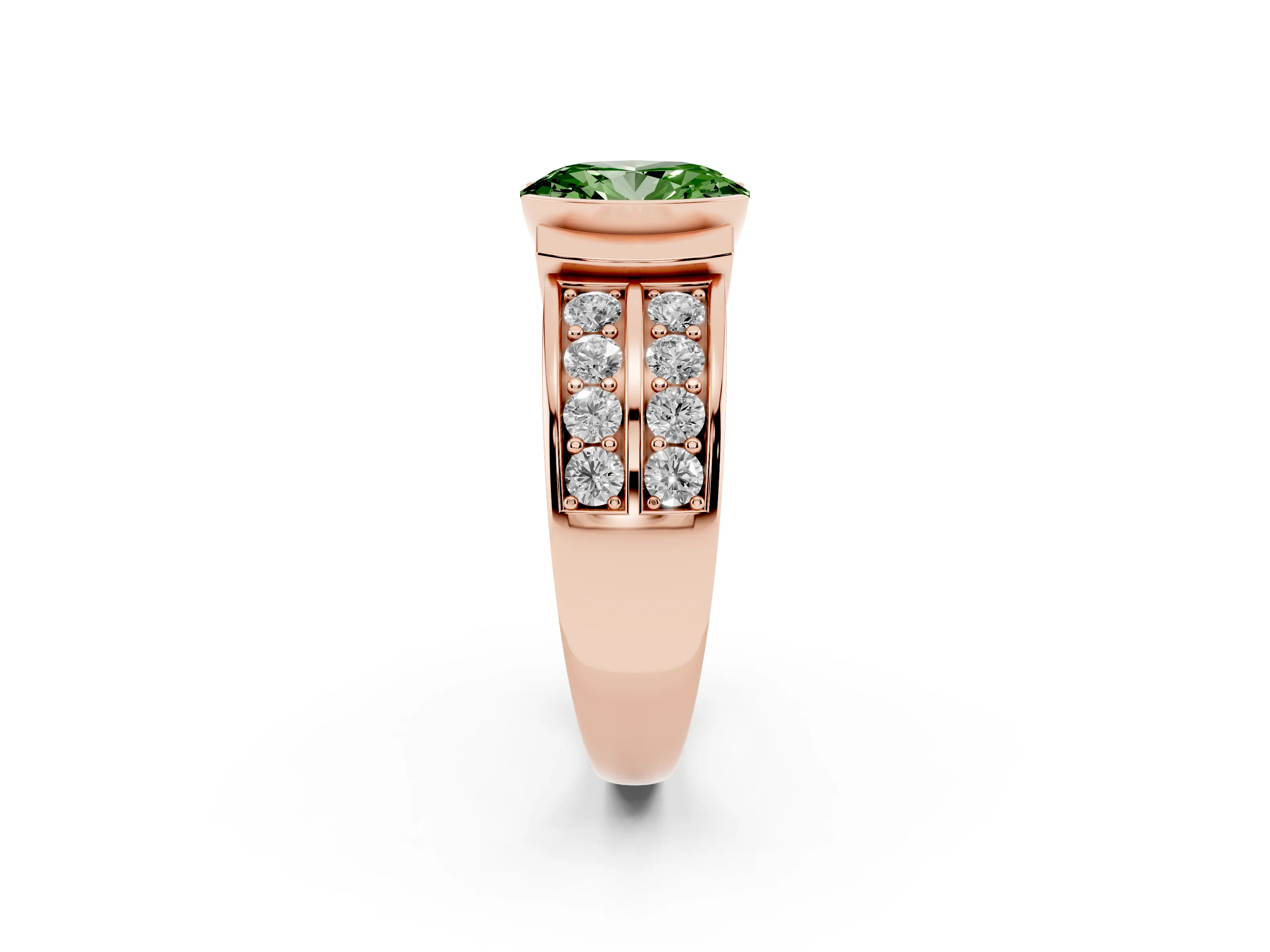 Fancy Green Oval Cut Diamond Wide Channel Set Band Ring Set in Rose gold with Bezel Setting