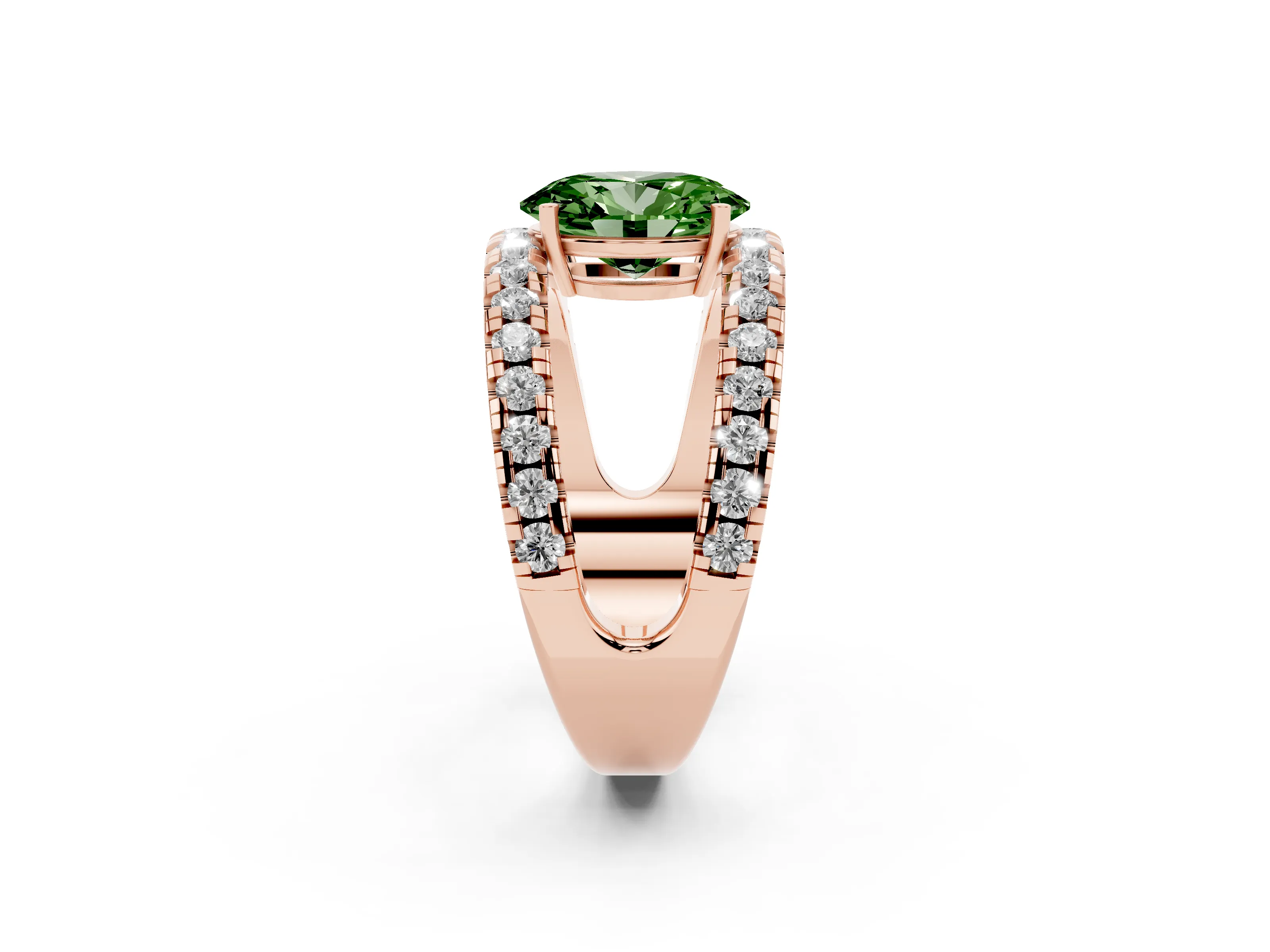 Fancy Green Oval Cut Diamond Split Shank Pavé Solitaire Ring Set in Rose gold with Open Shank Design