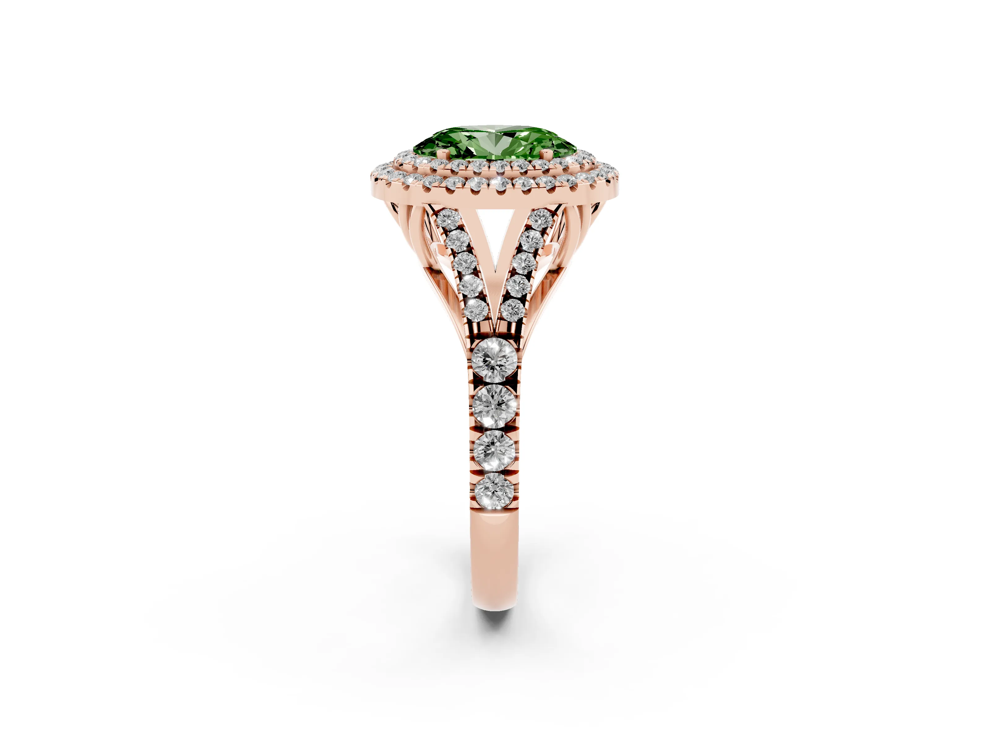 Fancy Green Oval Cut Diamond Pavé Split Shank Double Halo Engagement Ring Set in Rose gold