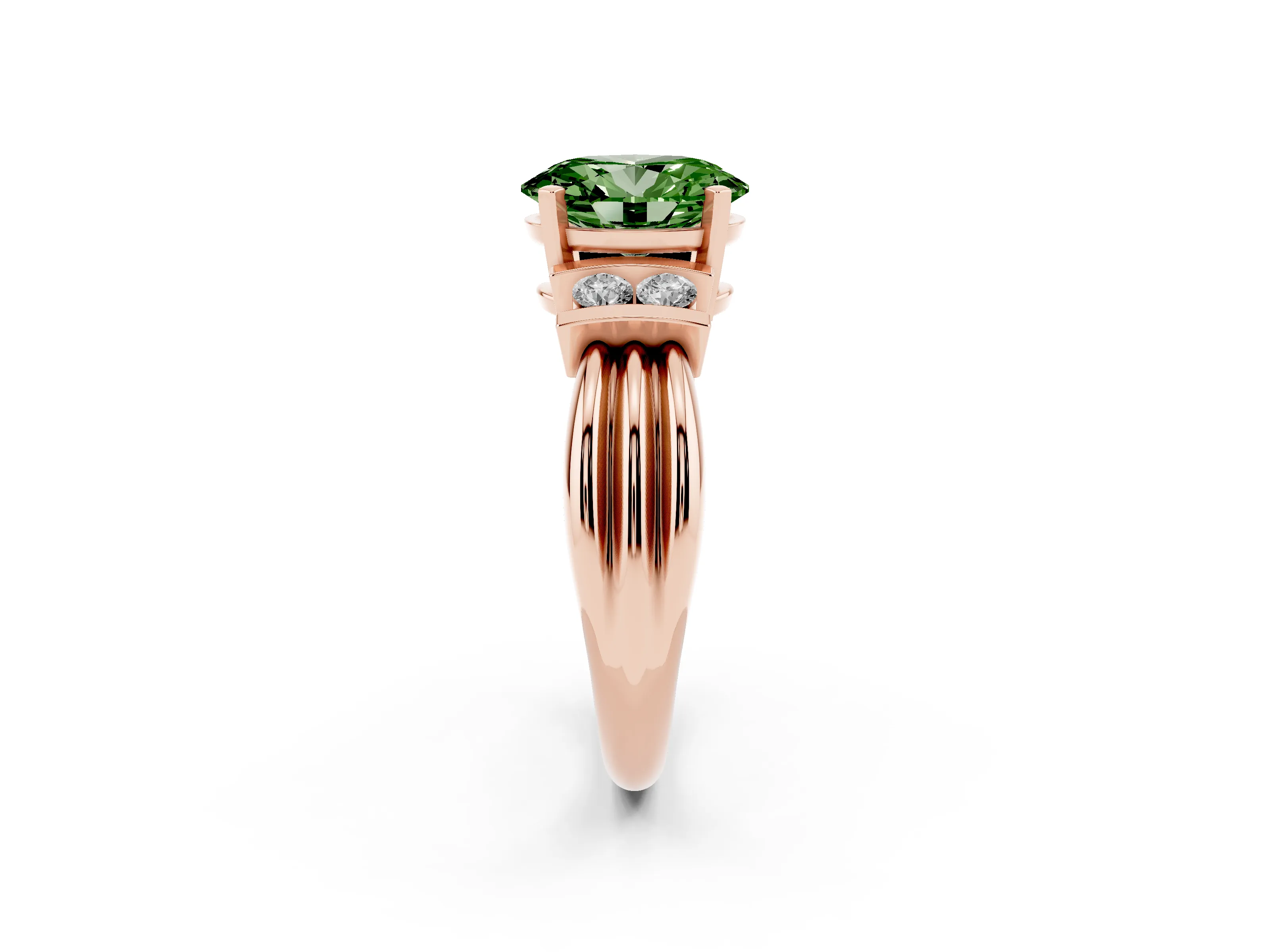 Fancy Green Three-Stone Oval Cut Diamond Channel Set Ring Set in Rose gold with Bar Prongs