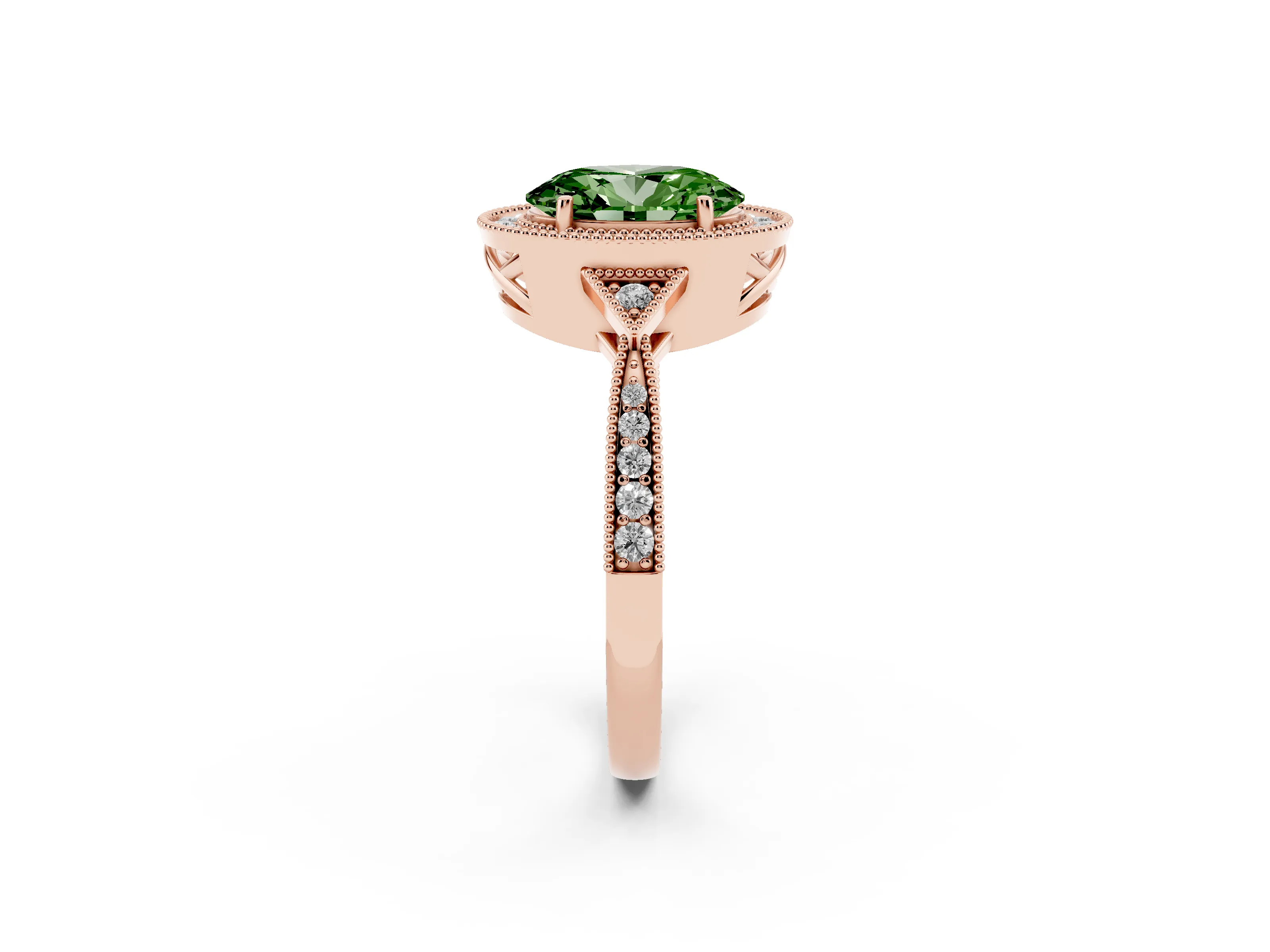 Fancy Green Oval Cut Diamond Halo Engagement Ring Set in Rose gold with Milgrain Pavé Band