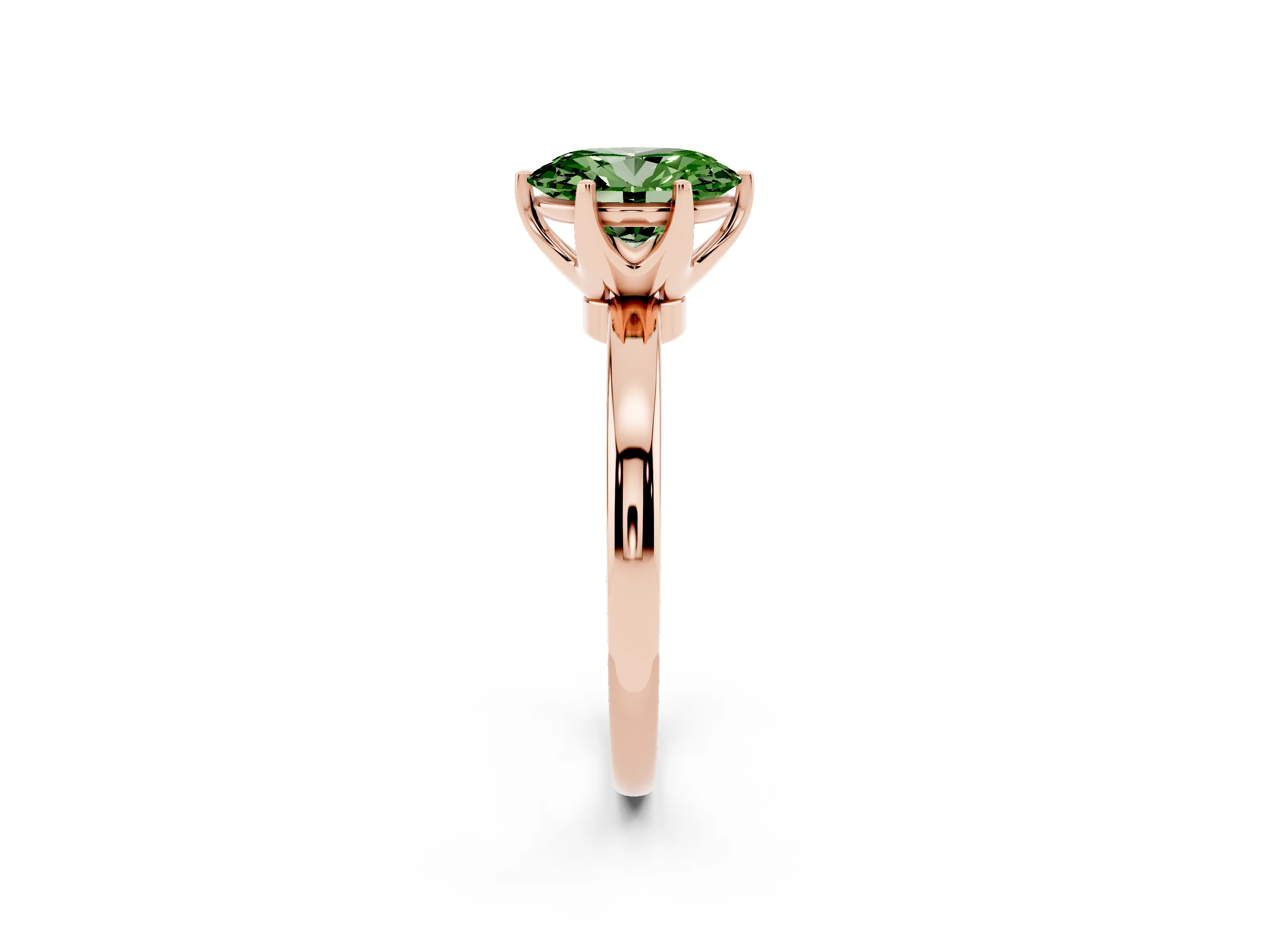 Fancy Green Oval Cut Diamond Solitaire Ring Set in Rose gold with Raised Prong Setting on a Classic Band