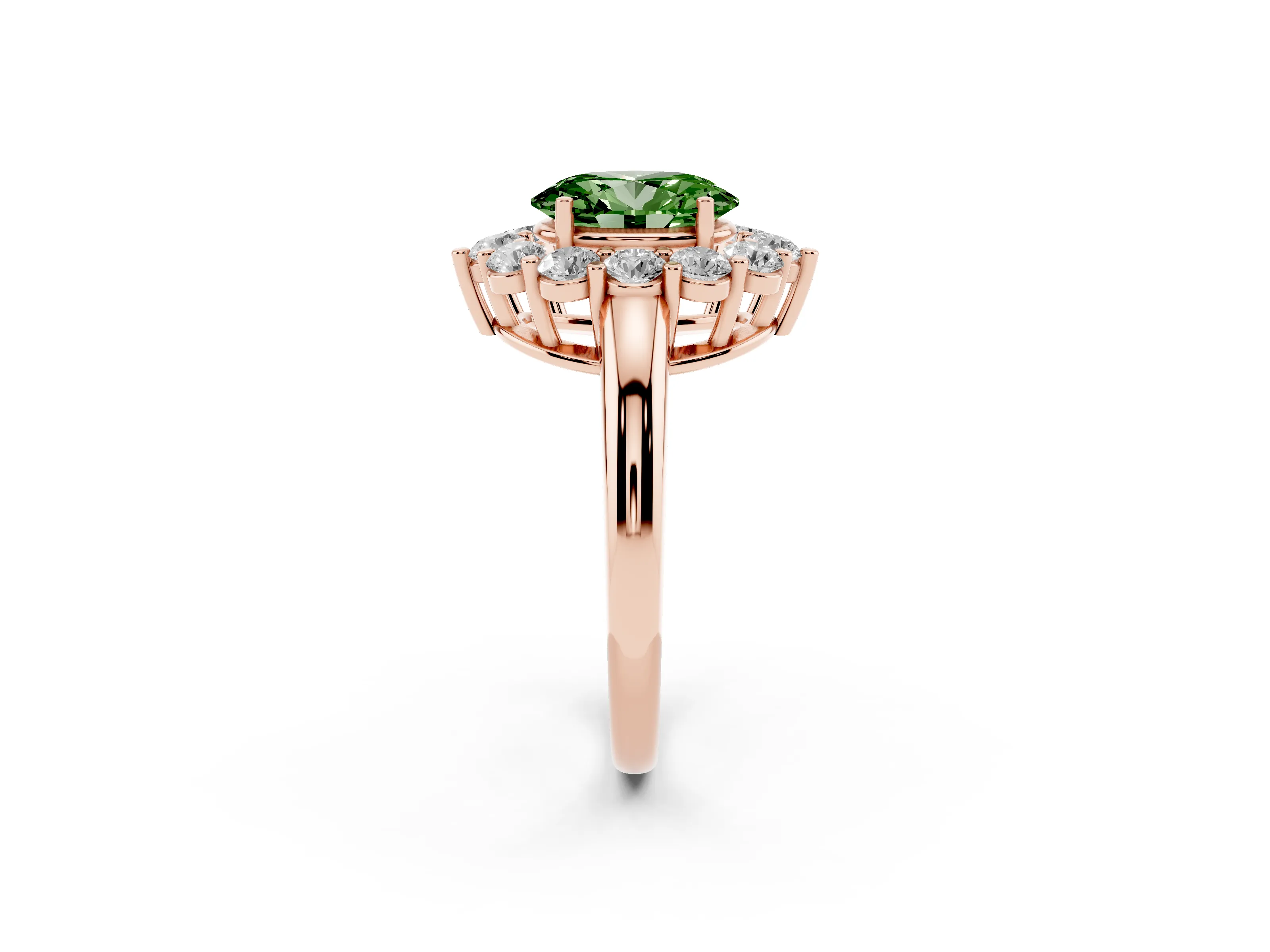 Fancy Green Oval Cut Diamond Halo Cluster Engagement Ring Set in Rose gold with Polished Band and Prong Setting