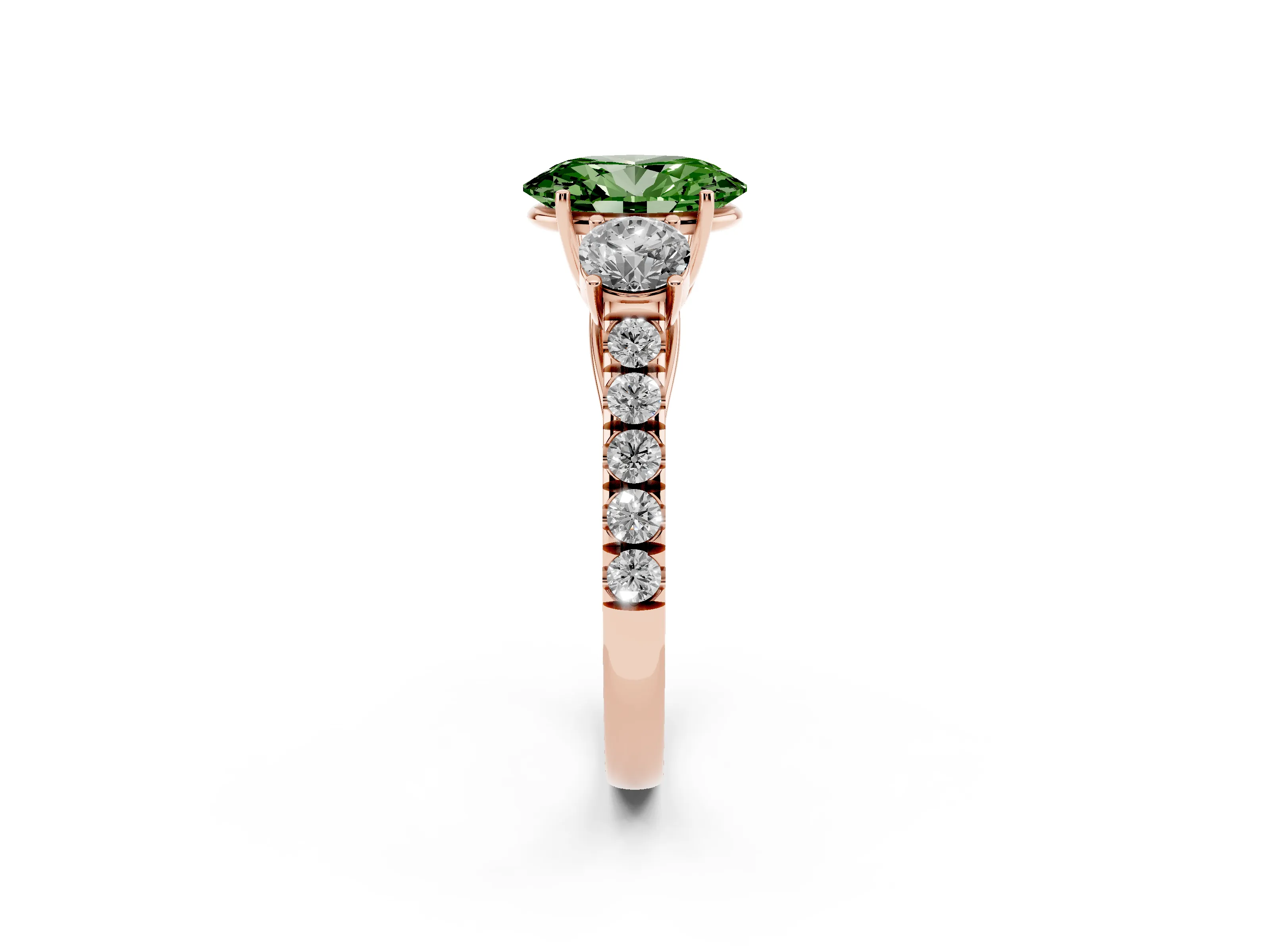 Fancy Green Oval Cut Diamond Three-Stone Ring Set in Rose gold with Round Side Stones and Delicate Pavé Band