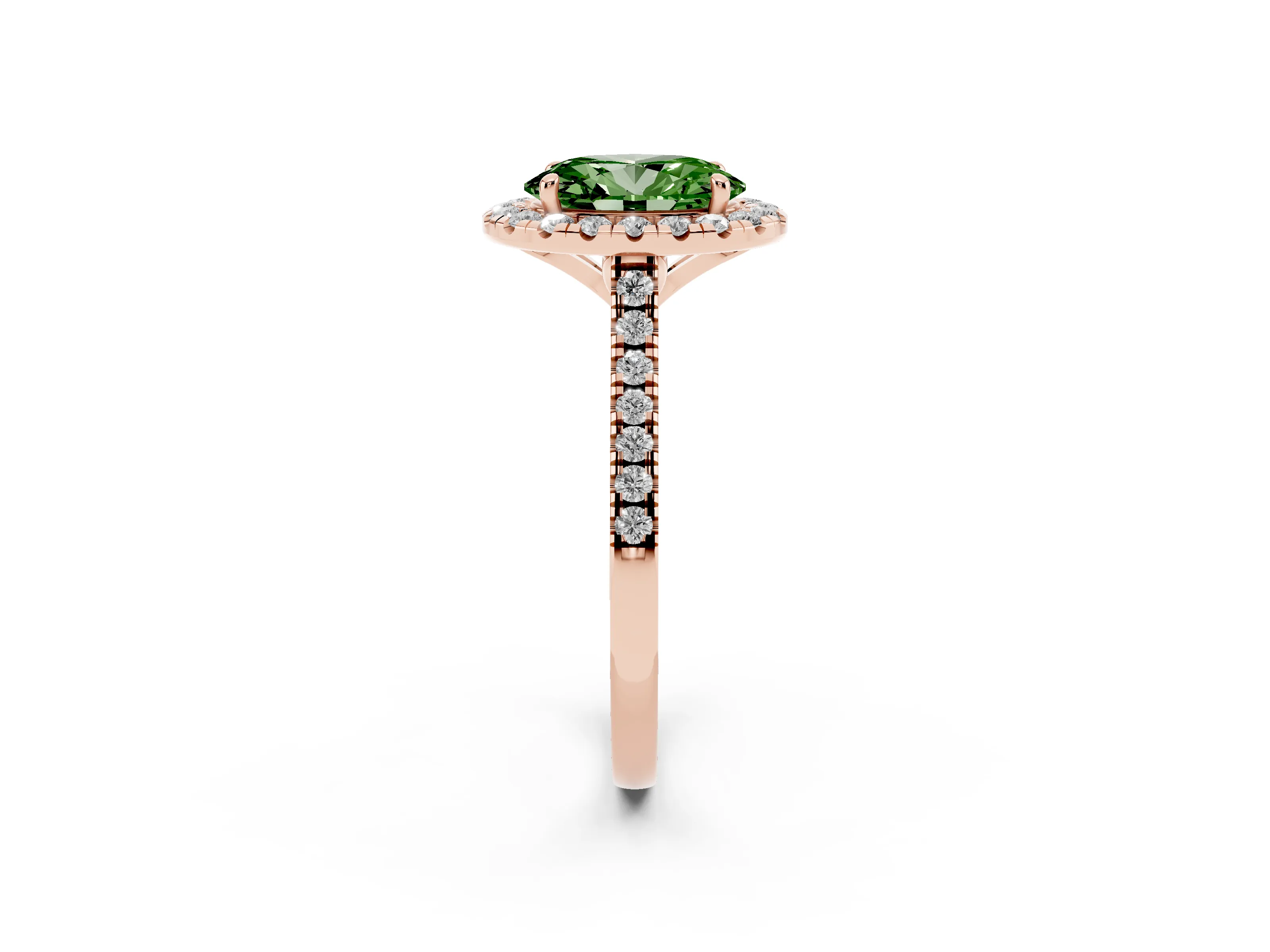 Fancy Green Oval Cut Diamond Cushion Halo Ring Set in Rose gold with Pavé Band