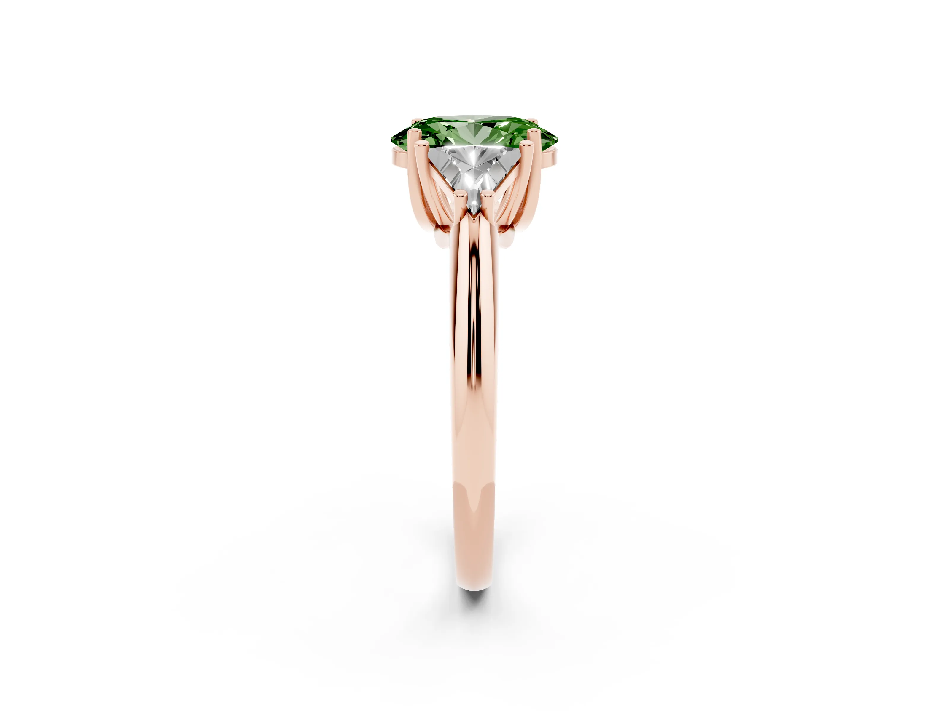 Fancy Green Oval Cut Diamond Three-Stone Engagement Ring Set in Rose gold with Trillion Side Stones