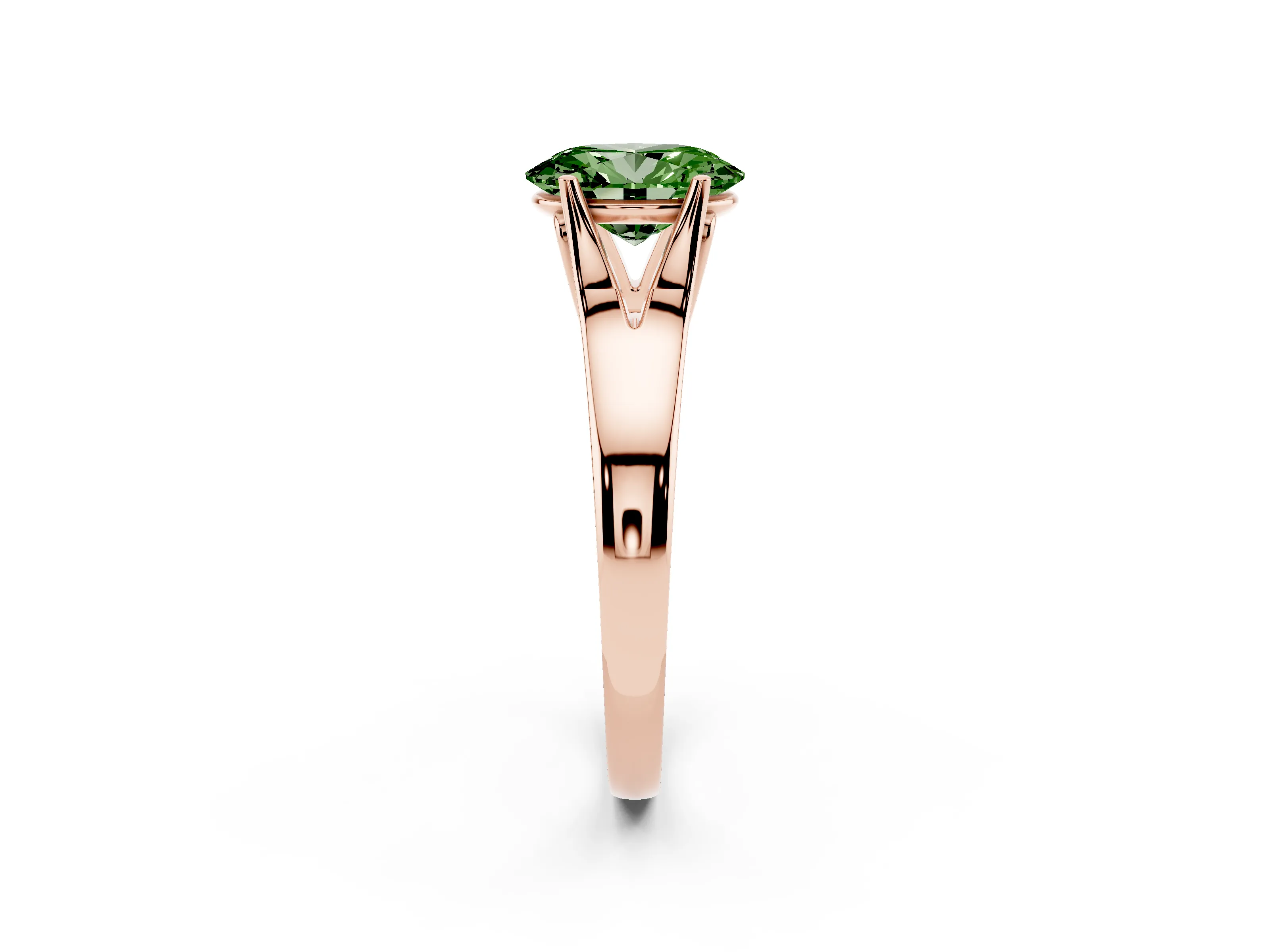Fancy Green Oval Cut Diamond Solitaire Ring Set in Rose gold with Arched Cathedral Band and Prong Setting