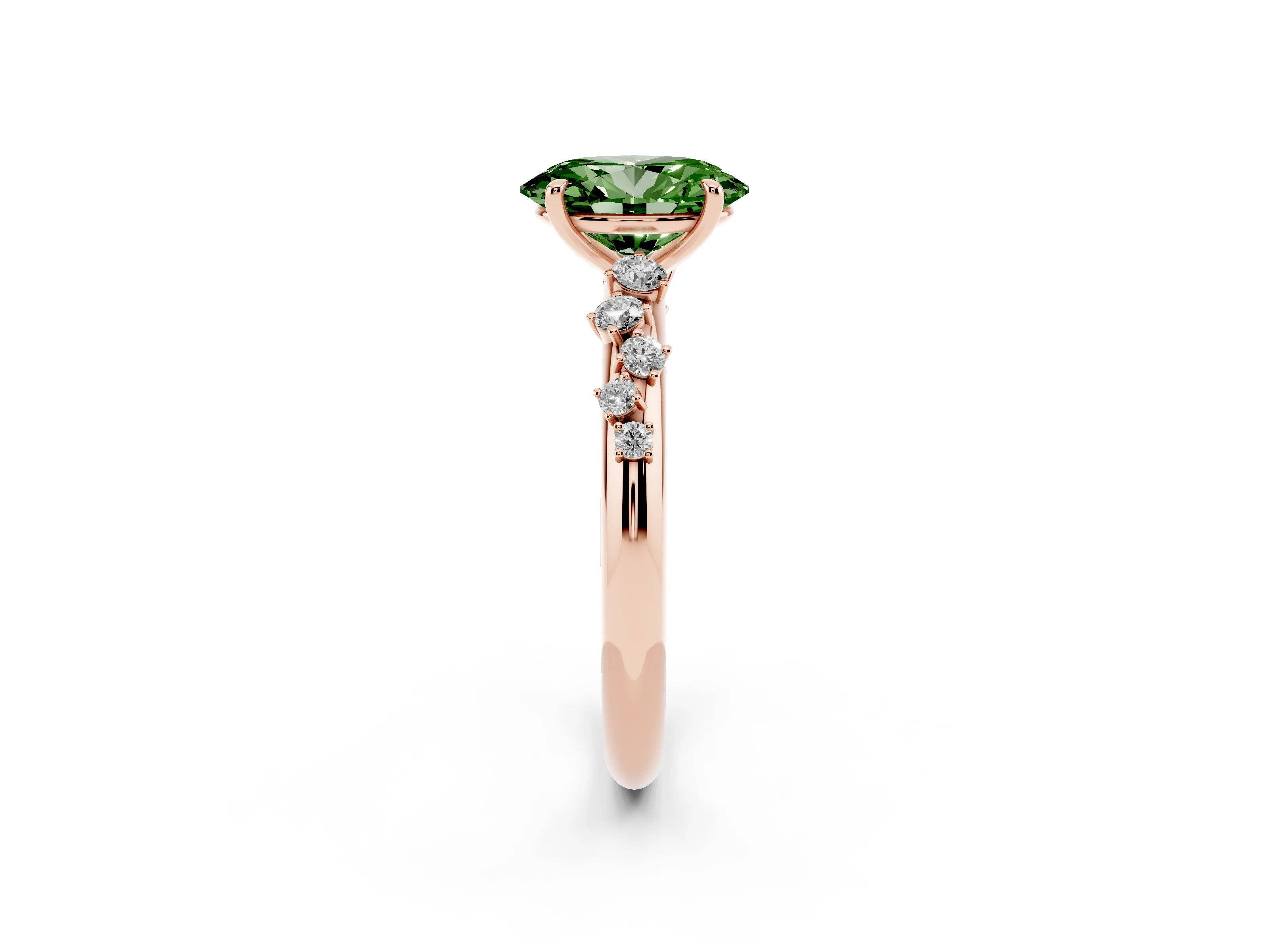 Fancy Green Oval Cut Diamond Cluster Solitaire Ring Set in Rose gold with Prong Setting