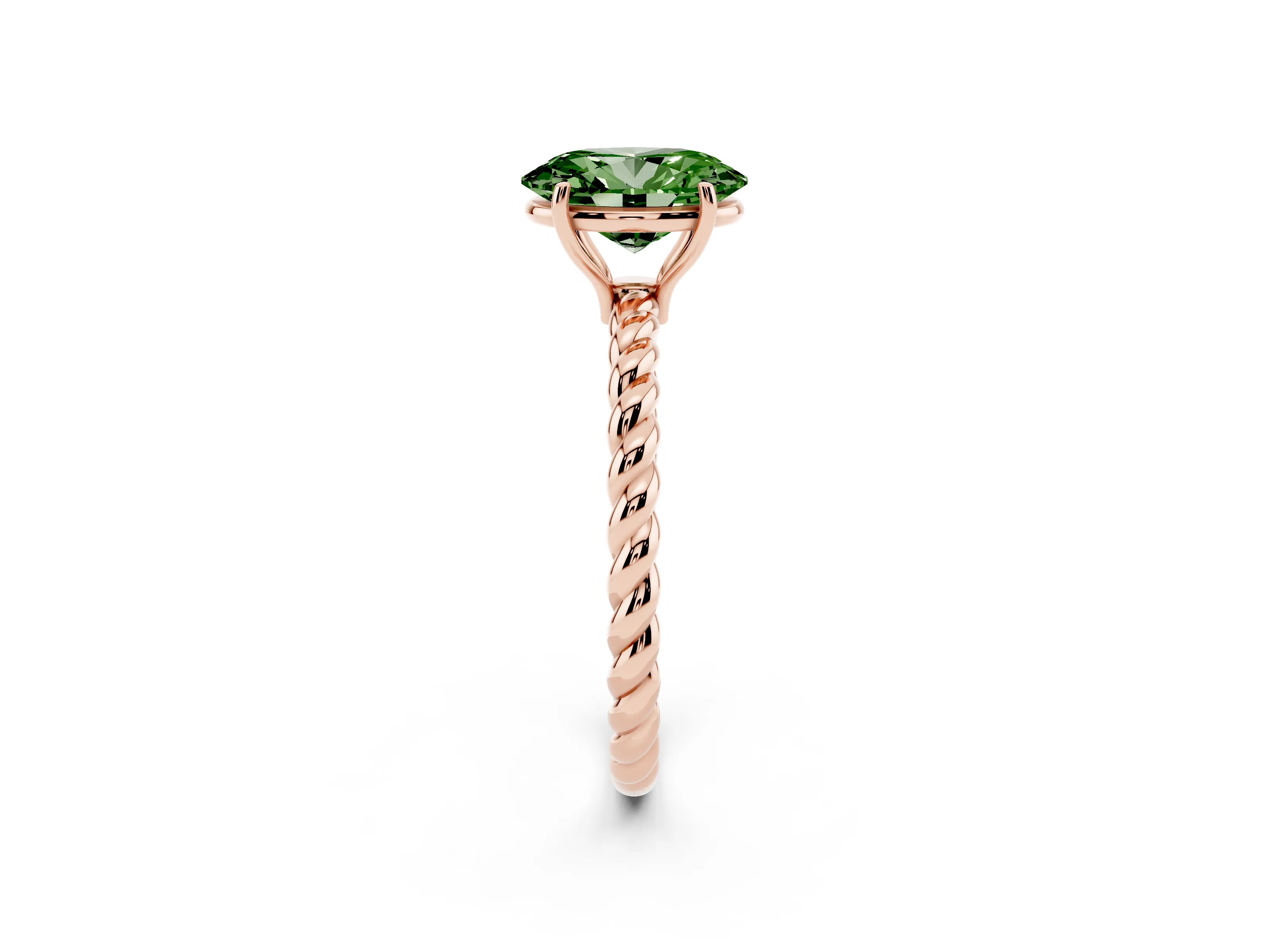 Fancy Green Oval Cut Diamond Solitaire Twisted Band Ring Set in Rose gold with Prong Solitaire Setting