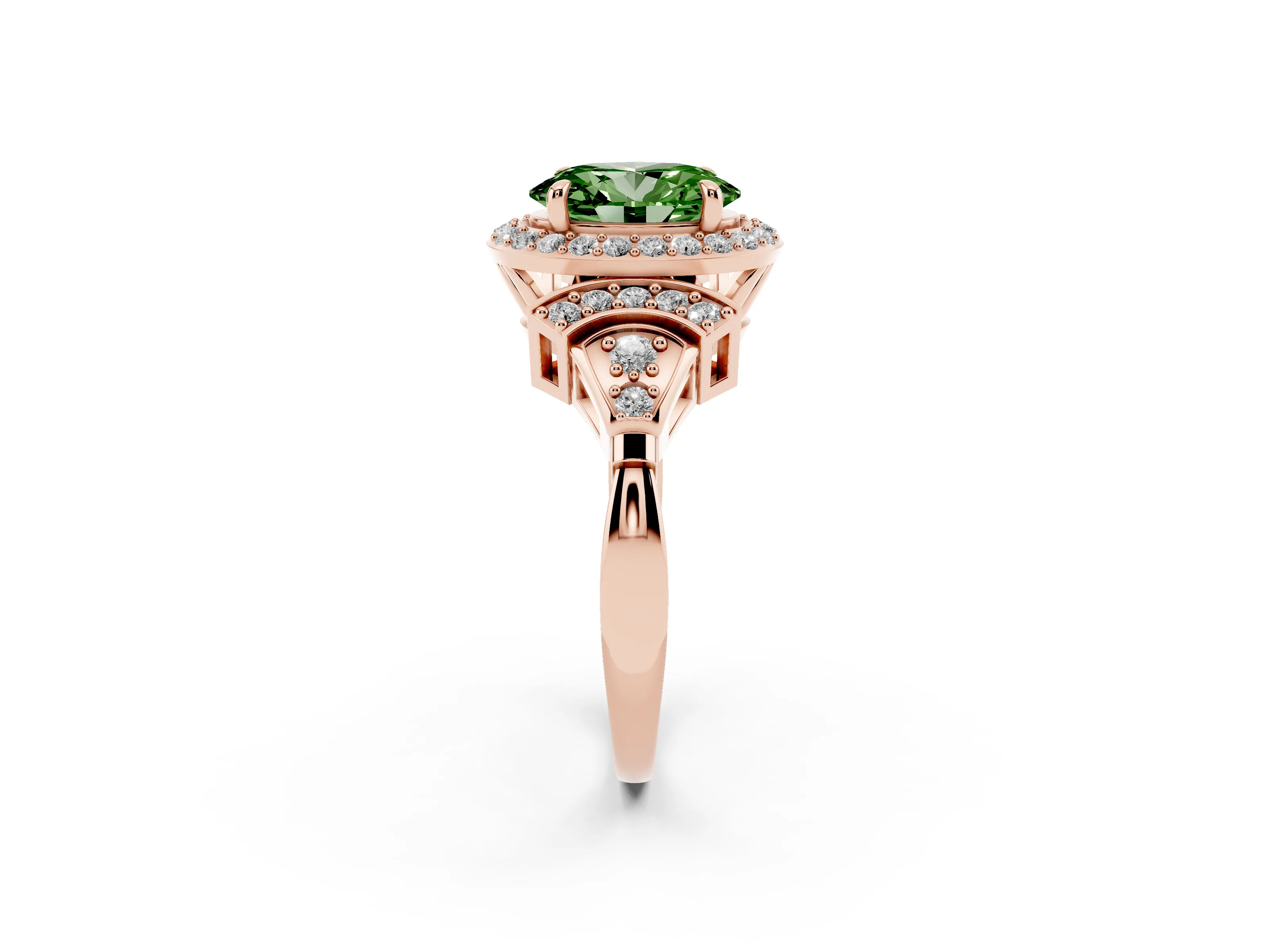 Fancy Green Oval Cut Diamond Halo Engagement Ring Set in Rose gold with Accent Stone Split Shank
