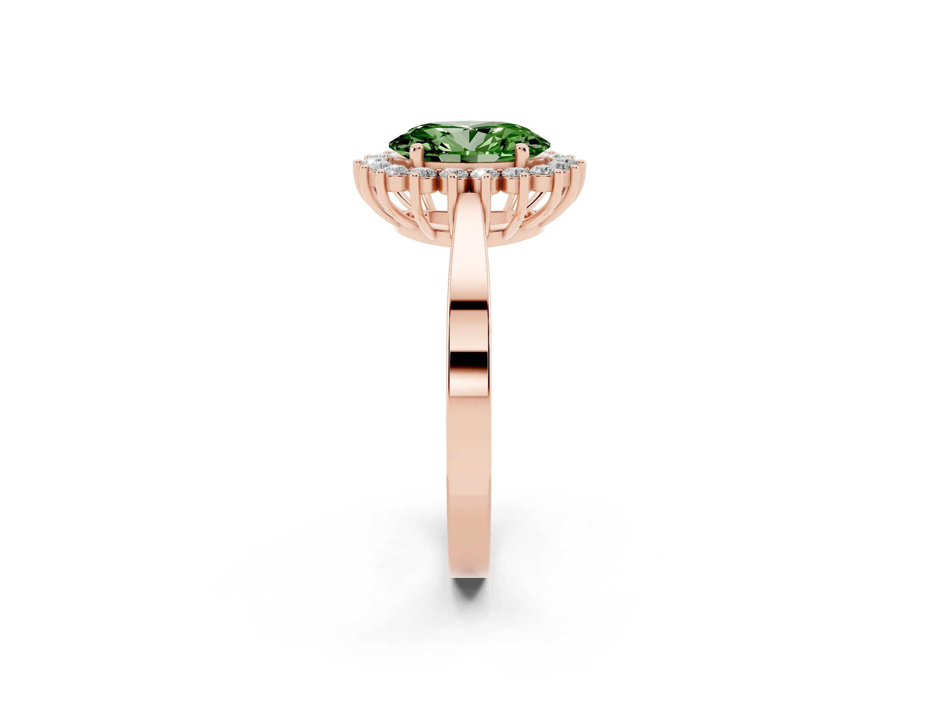Fancy Green Oval Cut Diamond Halo Ring Set in Rose gold with Round Halo and Smooth Solitaire Band