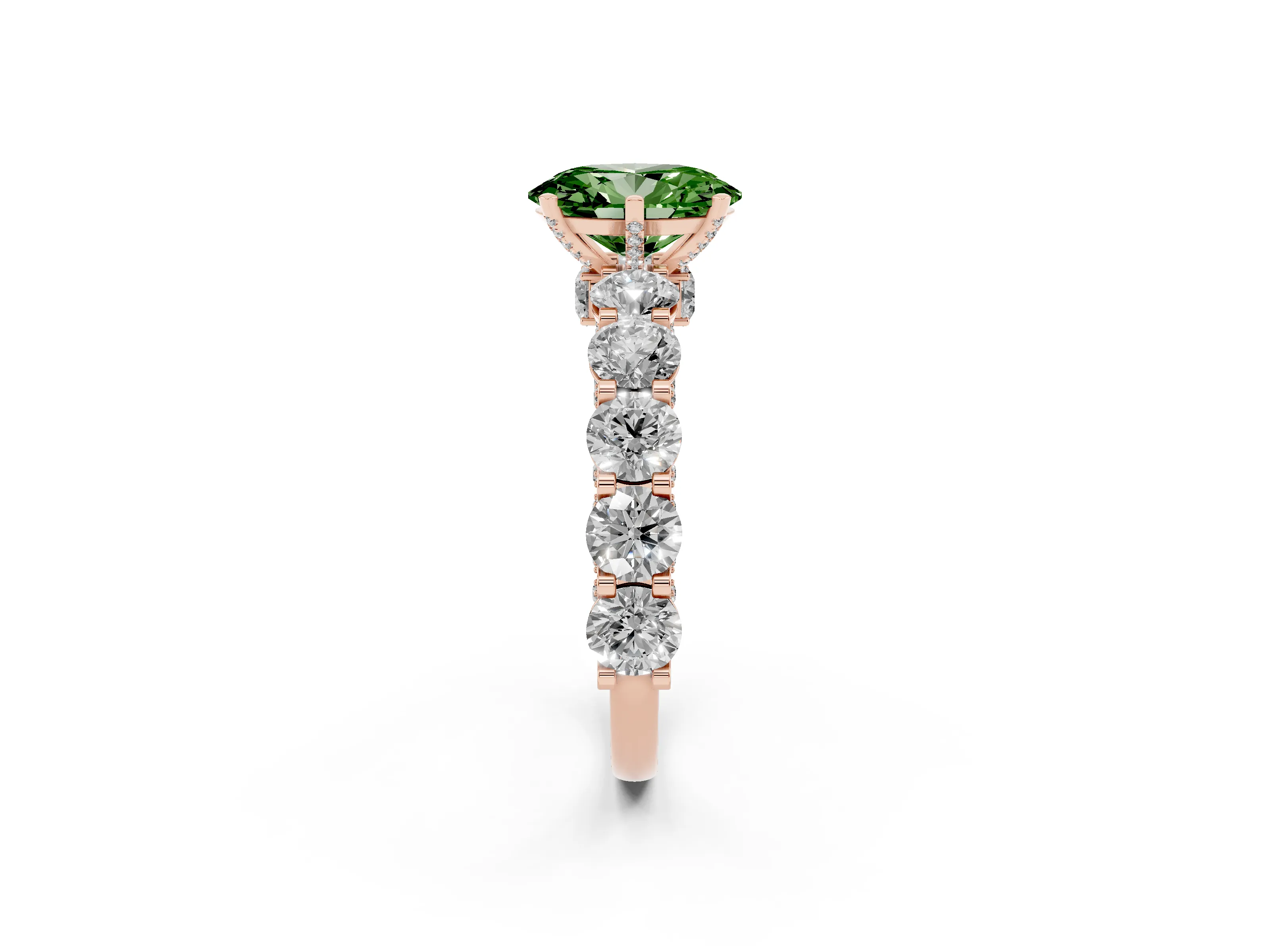 Fancy Green Oval Cut Diamond Side Stone Ring Set in Rose gold with Alternating Round and Oval Side Stones