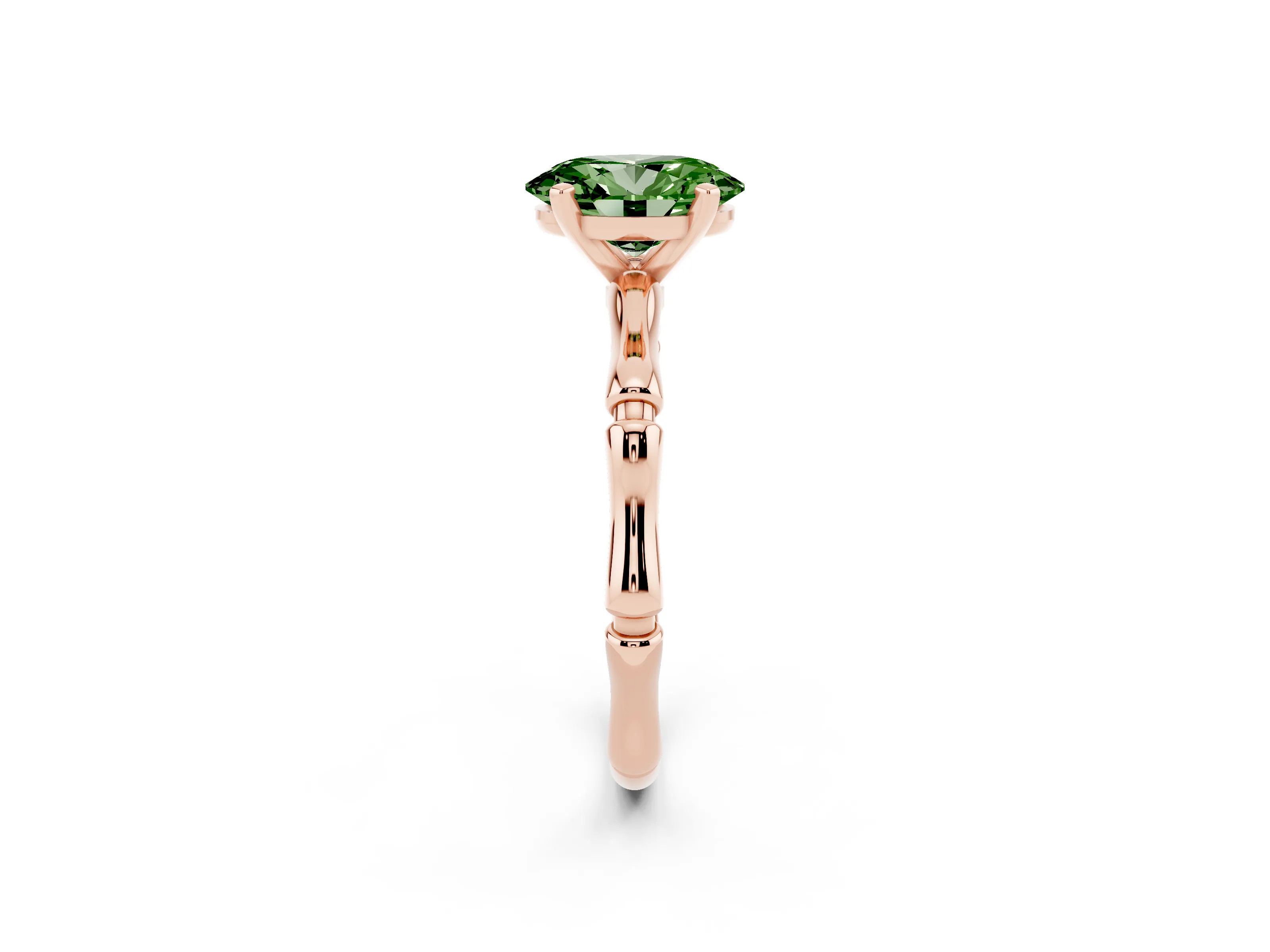 Fancy Green Oval Cut Diamond Solitaire Ring Set in Rose gold with Bamboo Band and Prong Setting