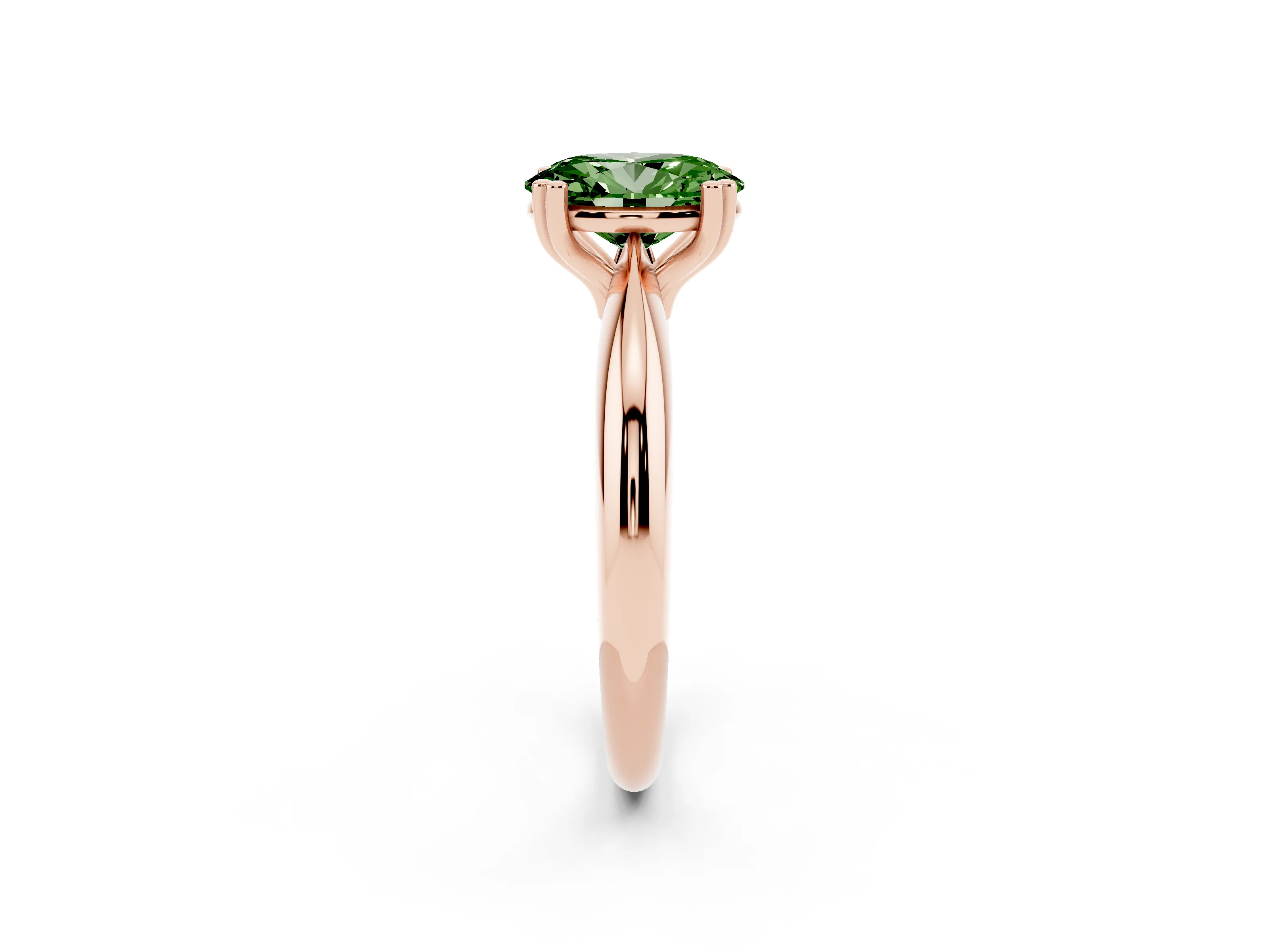 Fancy Green Oval Cut Diamond Solitaire Engagement Ring Set in Rose gold with Tapered Band and Prong Setting