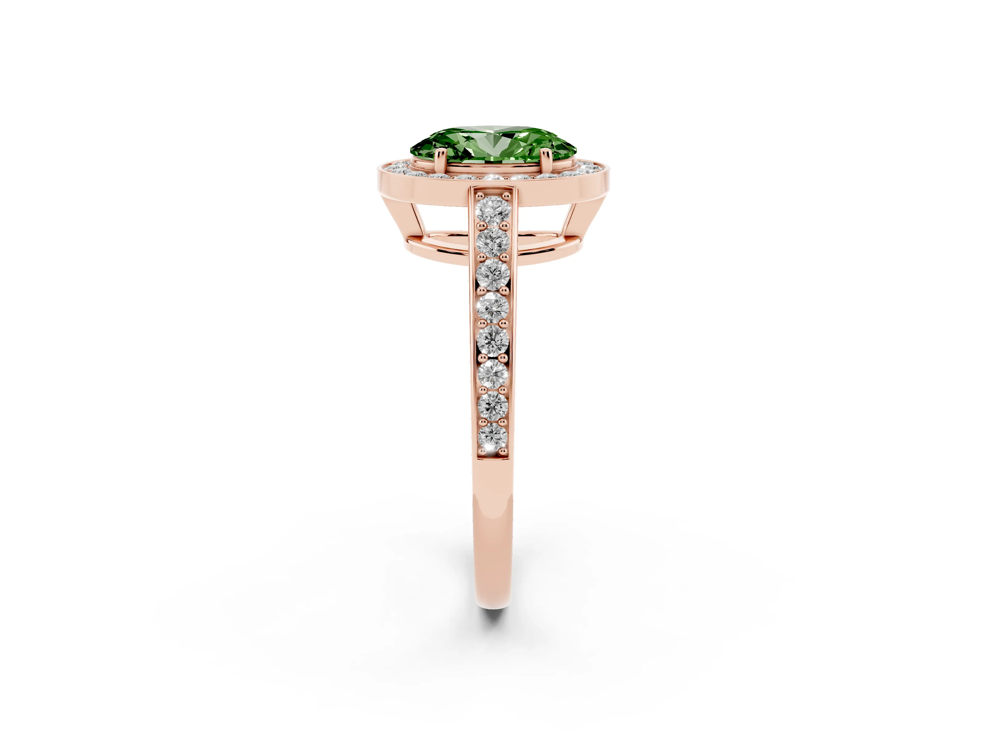 Fancy Green Oval Cut Diamond Halo Pavé Engagement Ring Set in Rose gold with Bezel Setting
