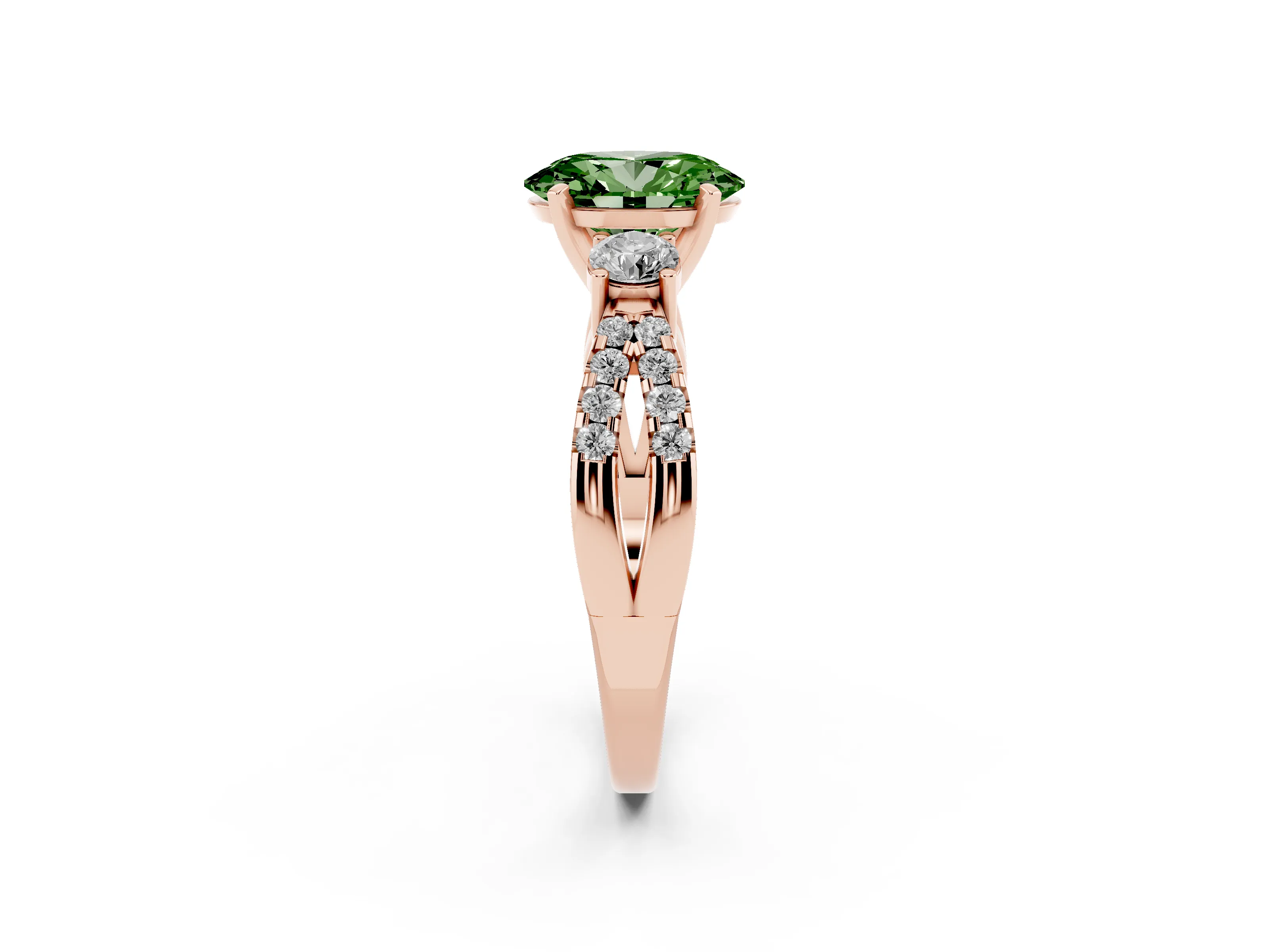 Fancy Green Oval Cut Diamond Three-Stone Ring Set in Rose gold with Pavé Split Shank and Prong Setting