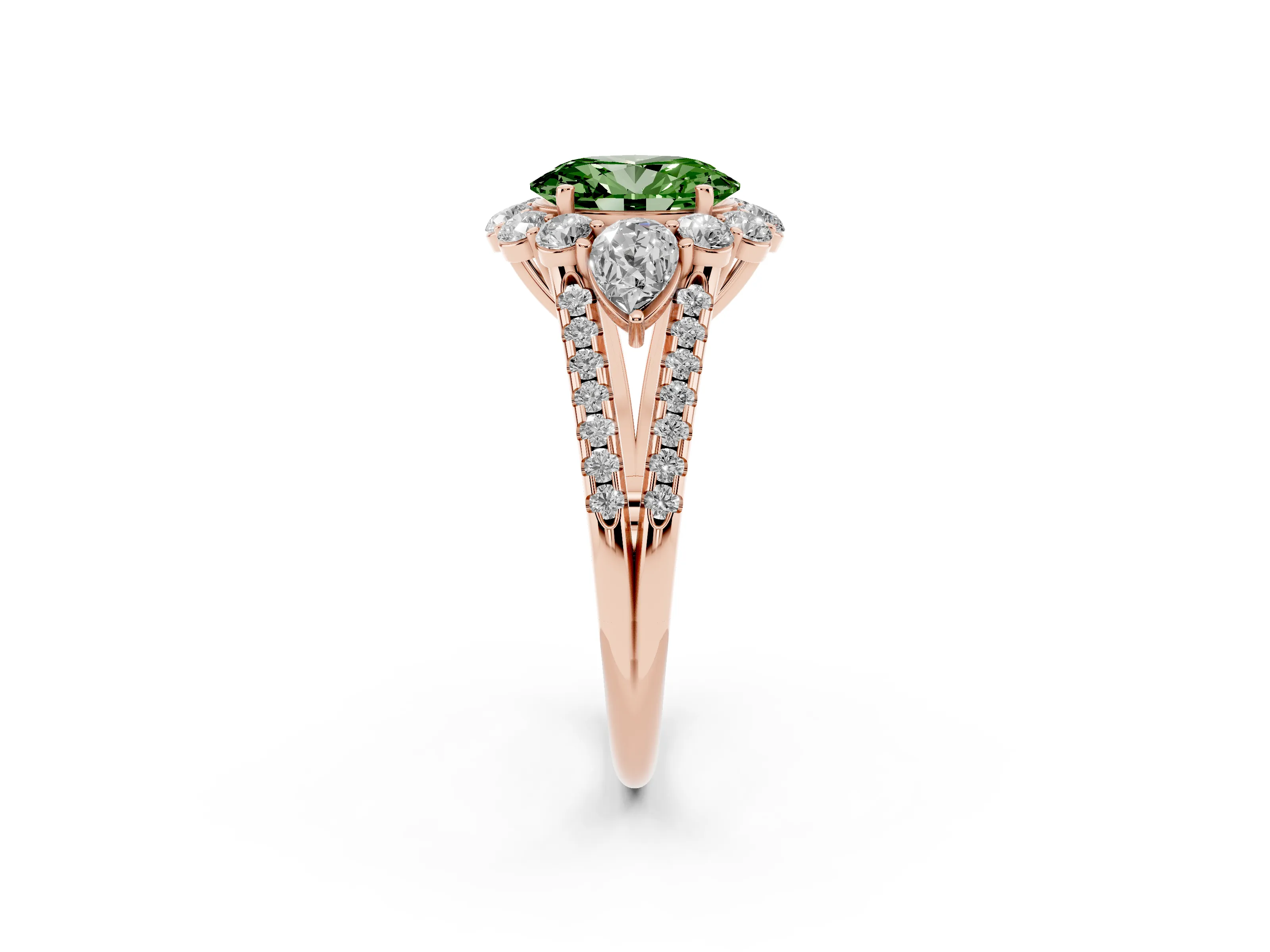 Fancy Green Oval Cut Diamond Halo Split Shank Engagement Ring Set in Rose gold with Prong-Held Center Stone