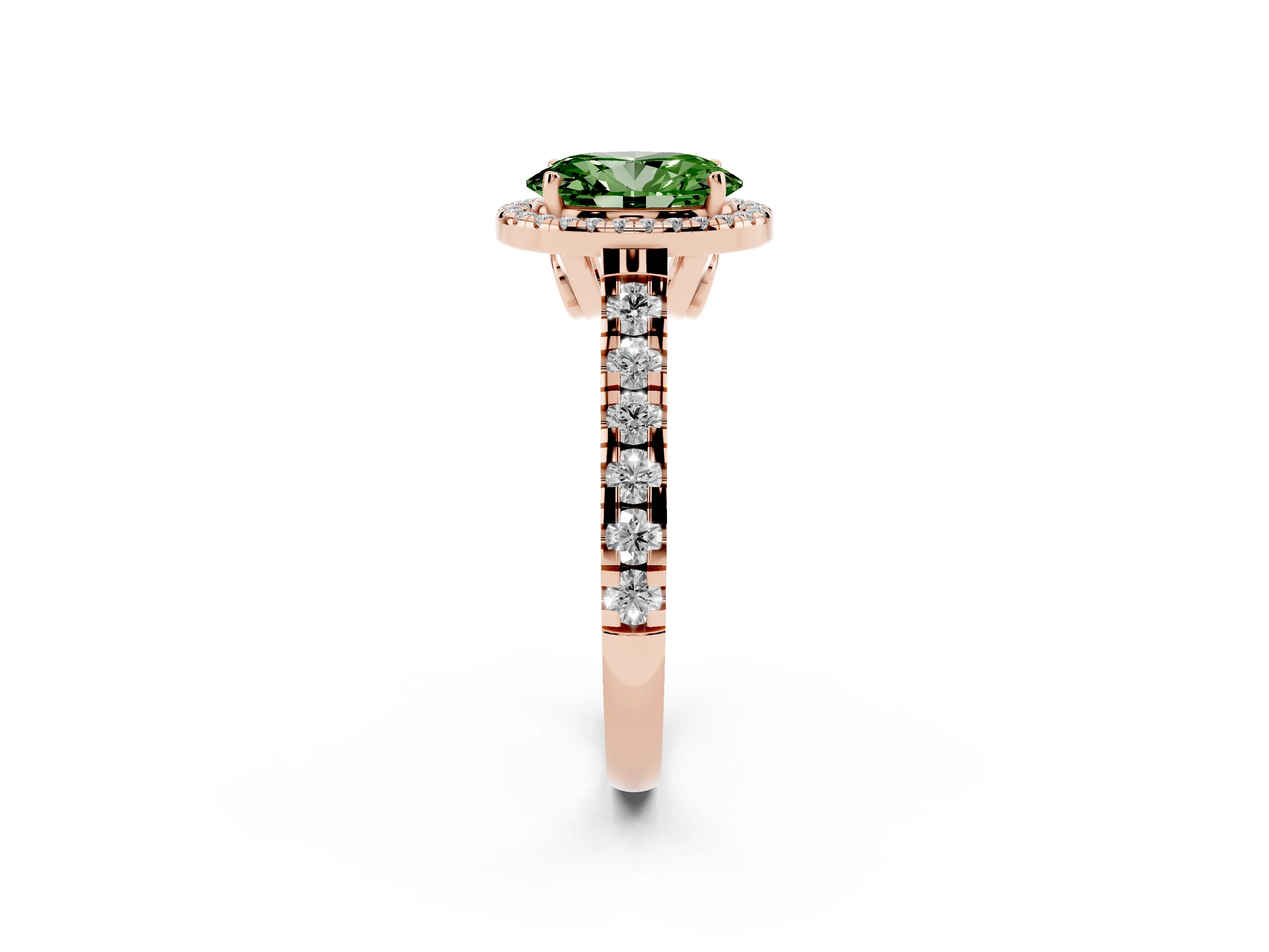 Fancy Green Oval Cut Diamond Halo Engagement Ring Set in Rose gold with Pavé Band and Prong-Set Center