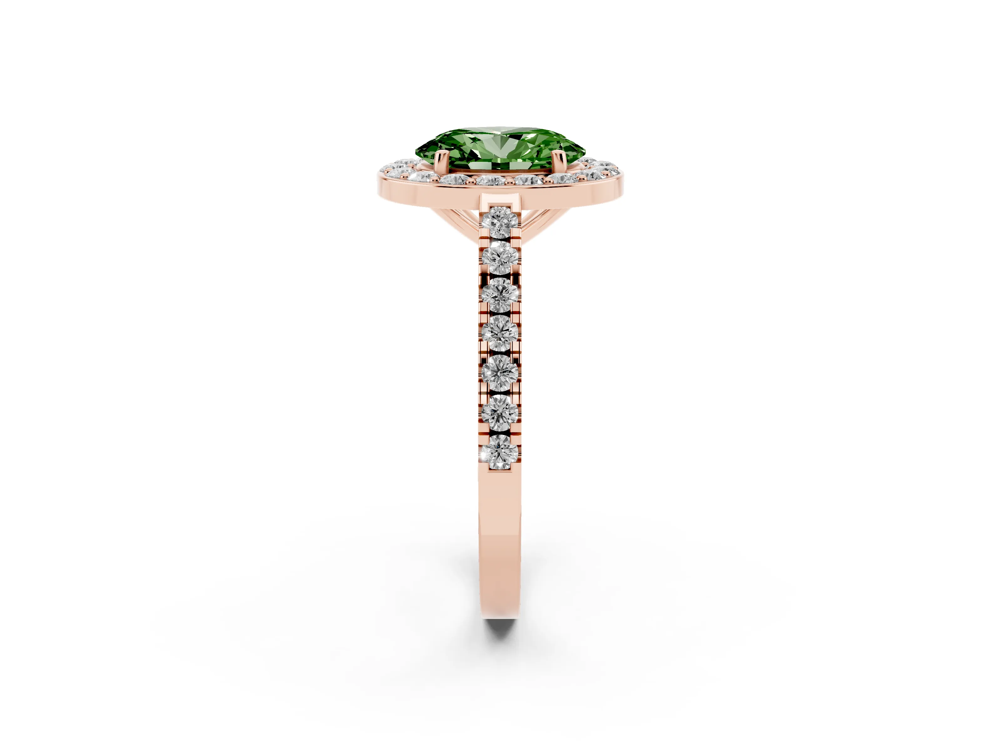 Fancy Green Oval Cut Diamond Halo Ring Set in Rose gold with Round Pavé Split Shank and Prong Setting