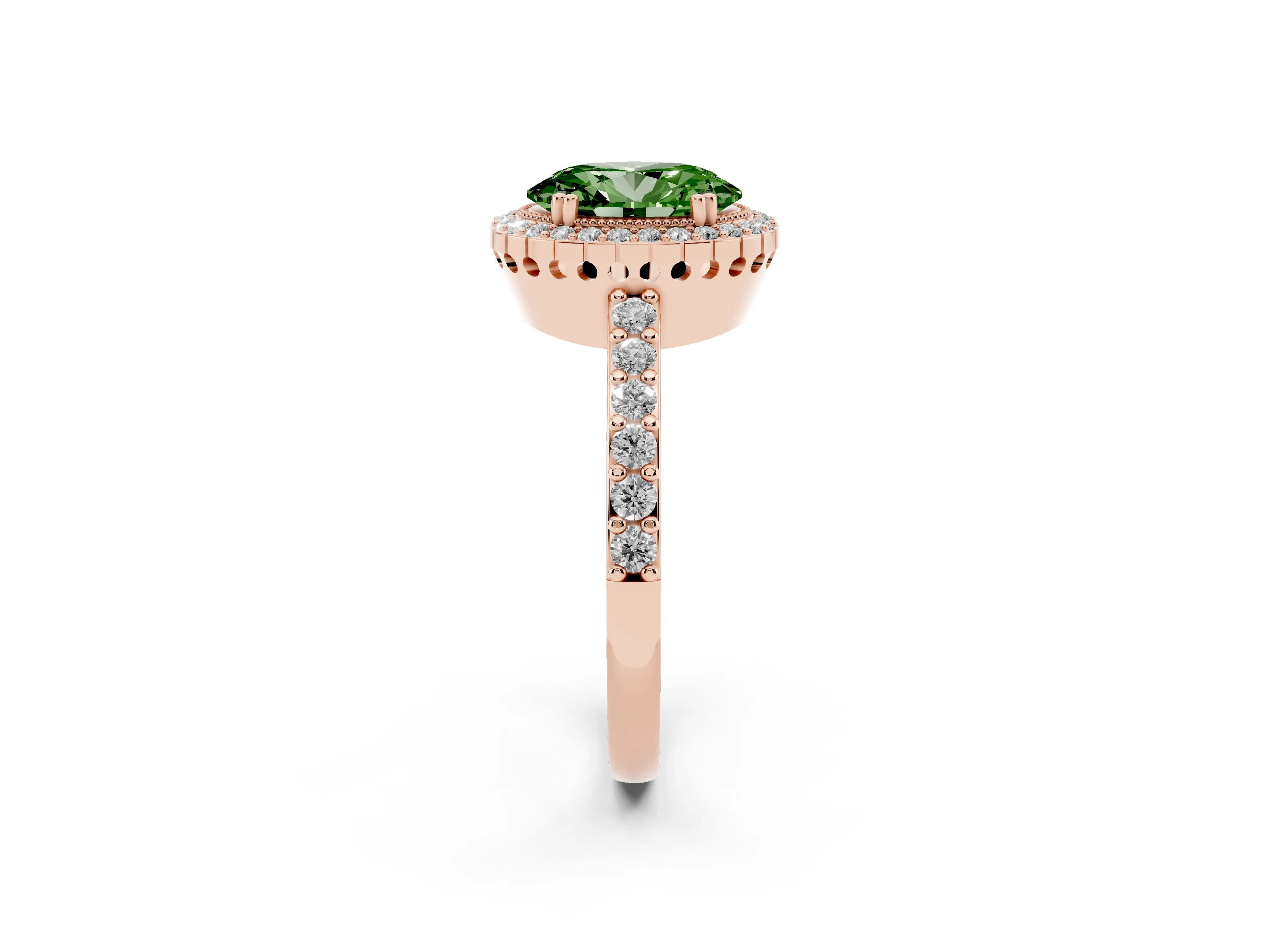 Fancy Green Oval Cut Diamond Halo Engagement Ring Set in Rose gold with Milgrain Detail and Pavé Band
