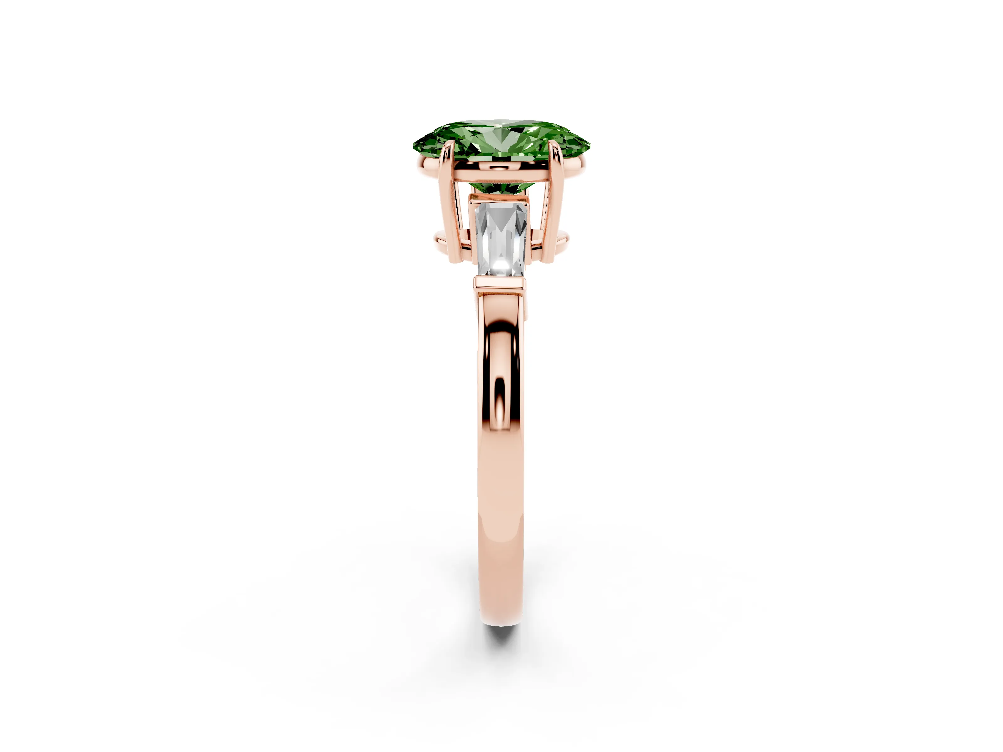 Fancy Green Oval Cut Diamond Three-Stone Ring Set in Rose gold with Tapered Baguette Side Stones and Prong Setting