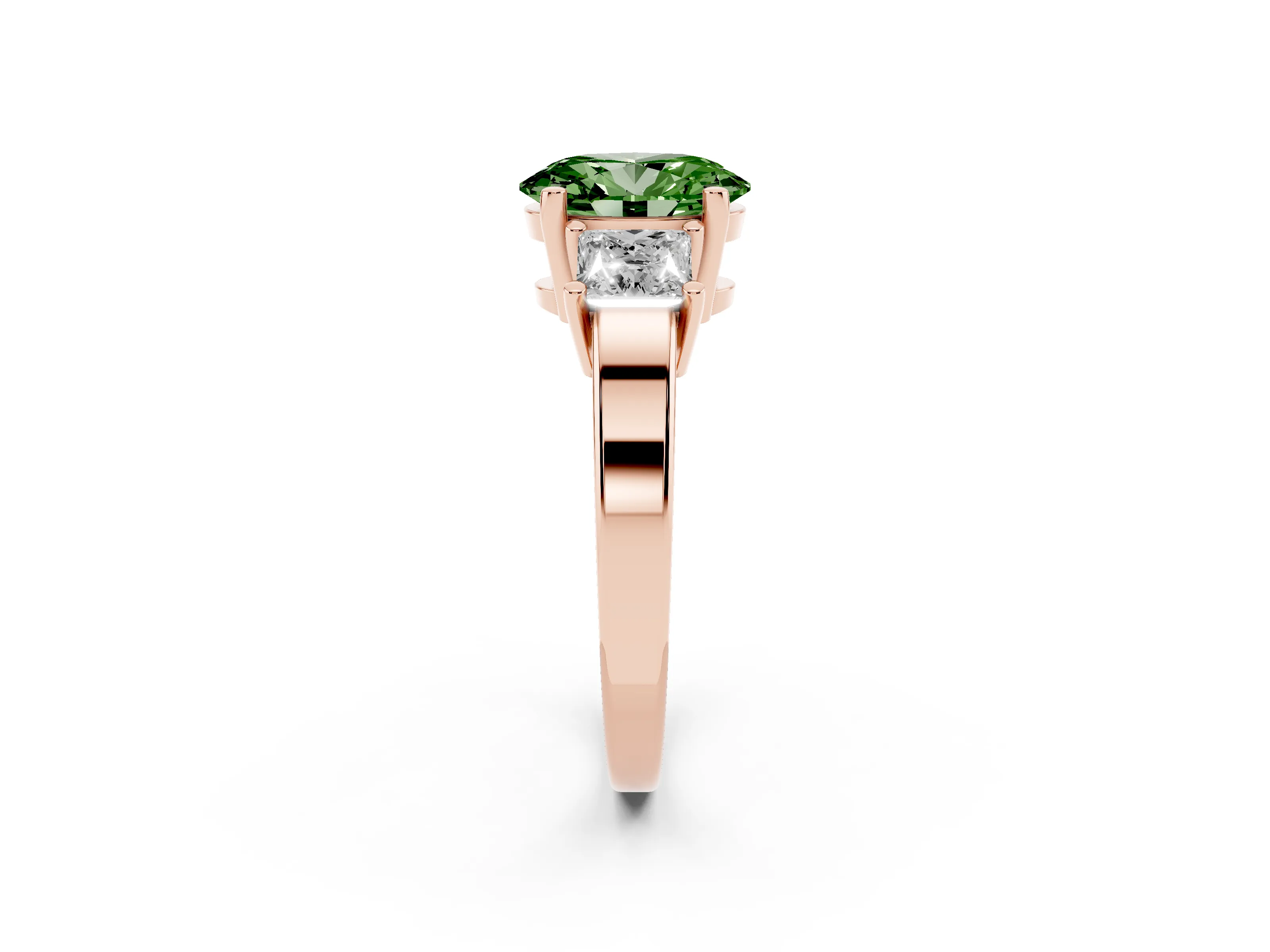 Fancy Green Three-Stone Oval Cut Diamond Solitaire Ring Set in Rose gold with Prong Setting