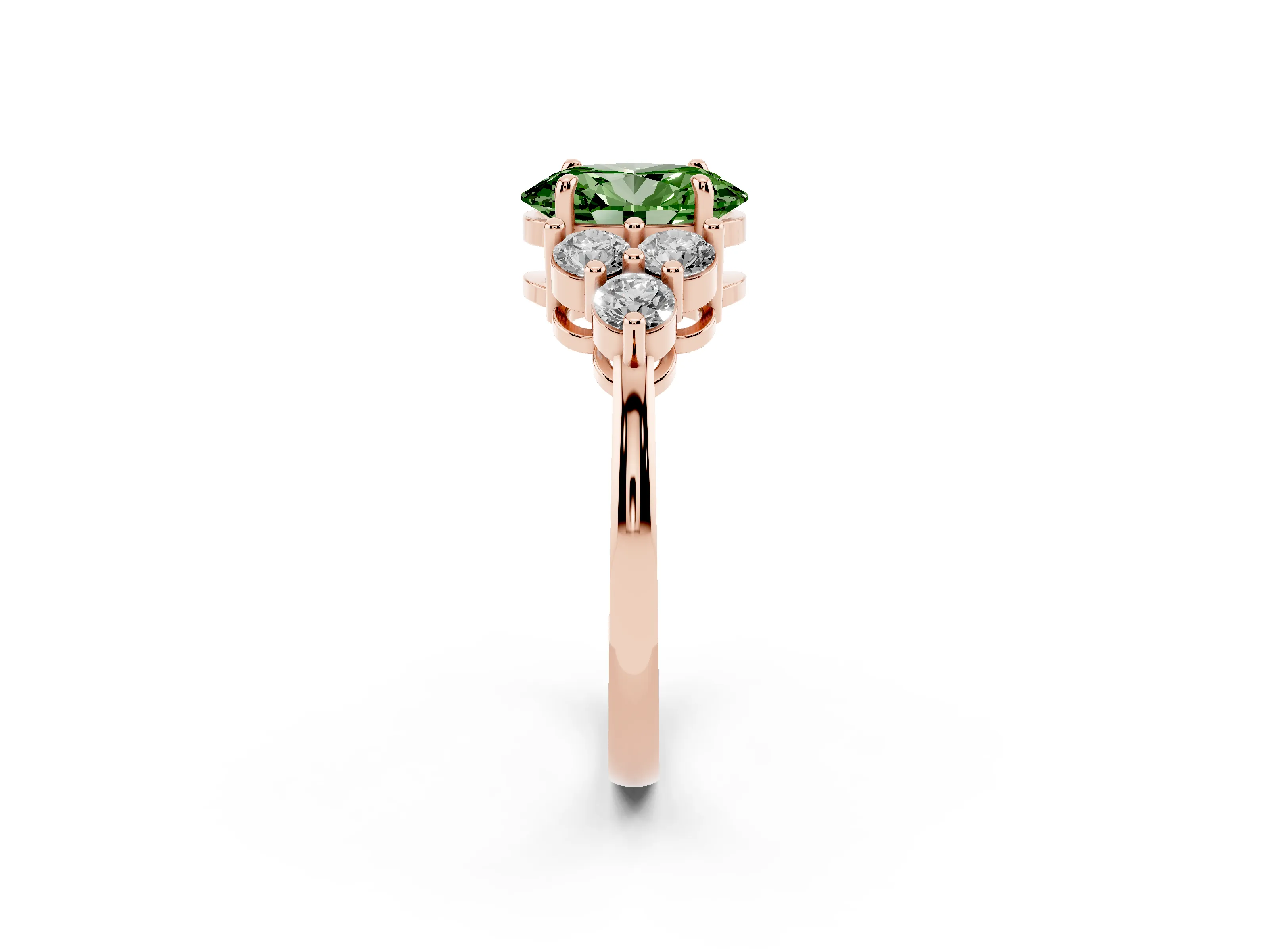 Fancy Green Oval Cut Diamond Solitaire Ring Set in Rose gold with Cluster Accents on Each Side
